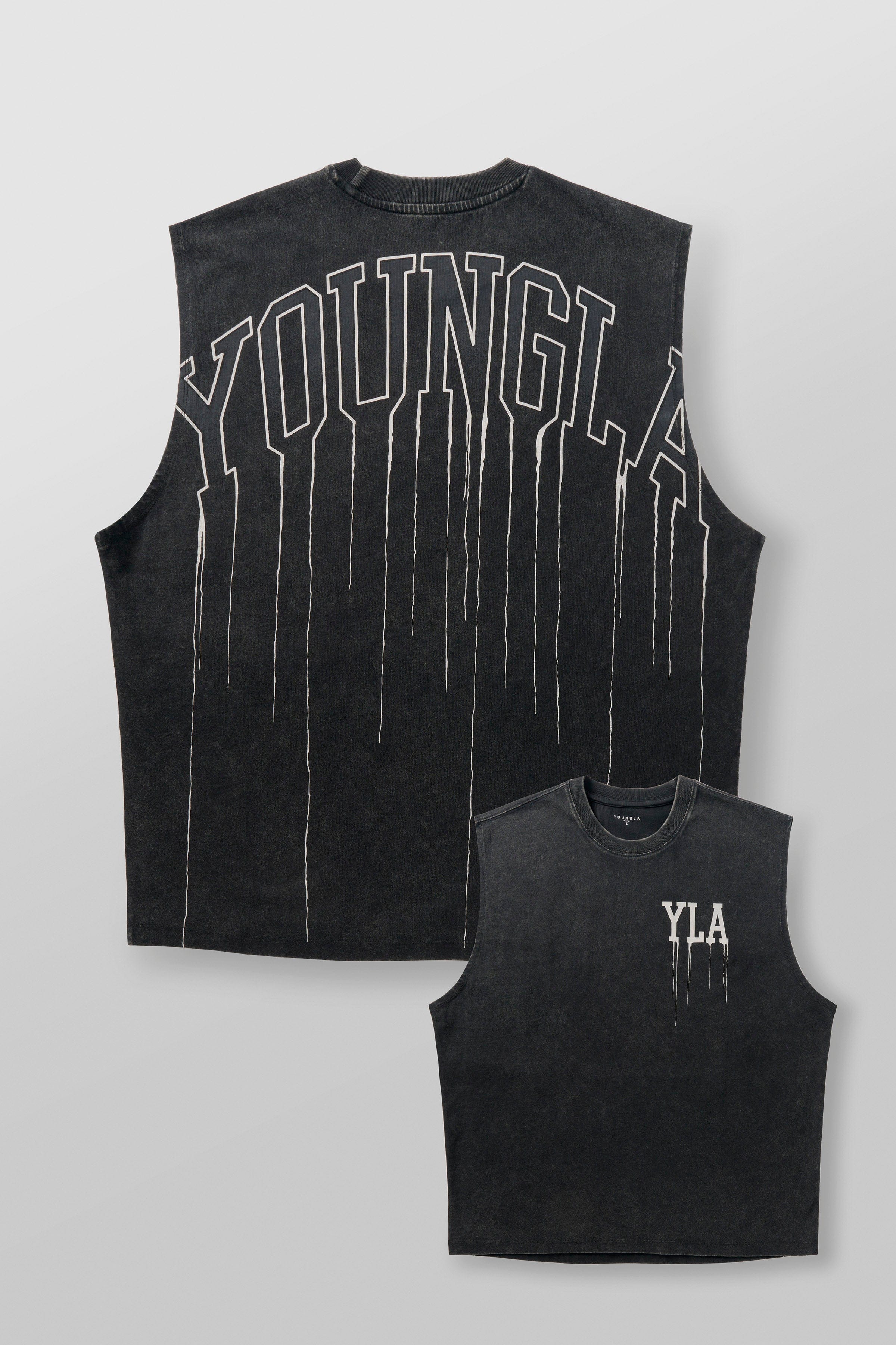 Back view of the muscle tank showing the drip print design