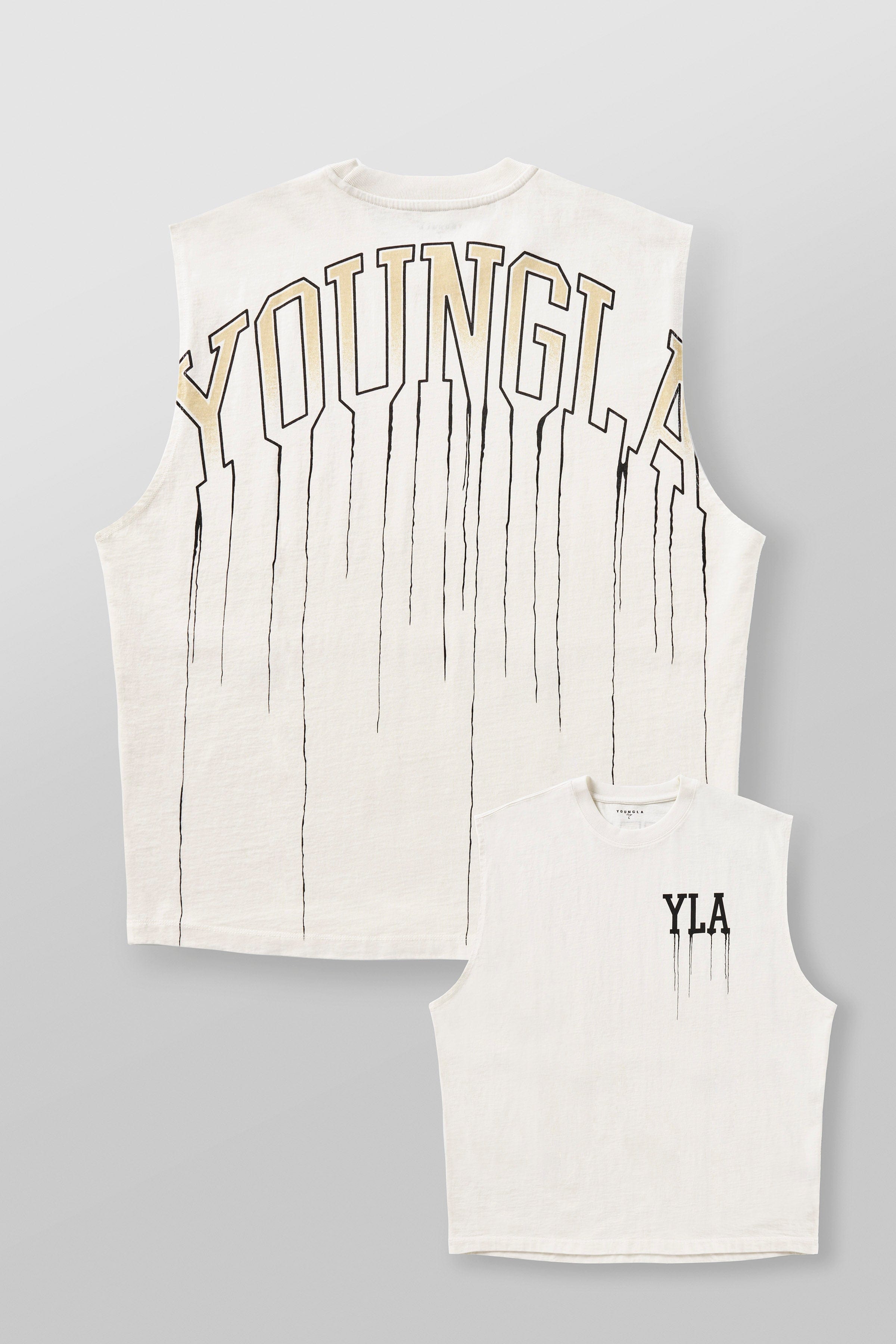 Front view of the drip muscle tank highlighting the logo and relaxed fit