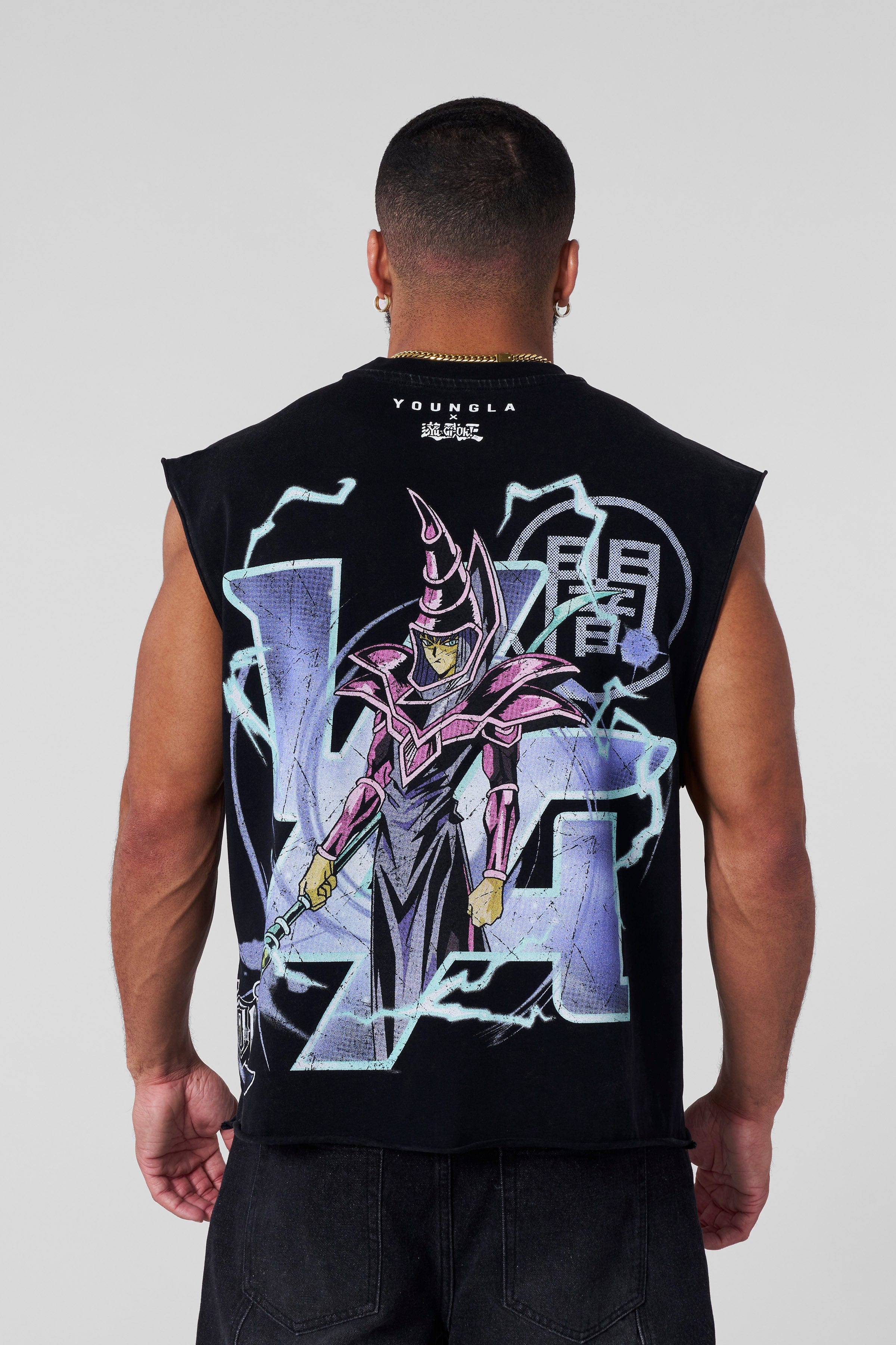 Close-up of Yu-Gi-Oh! vintage graphic on cut-off shirt