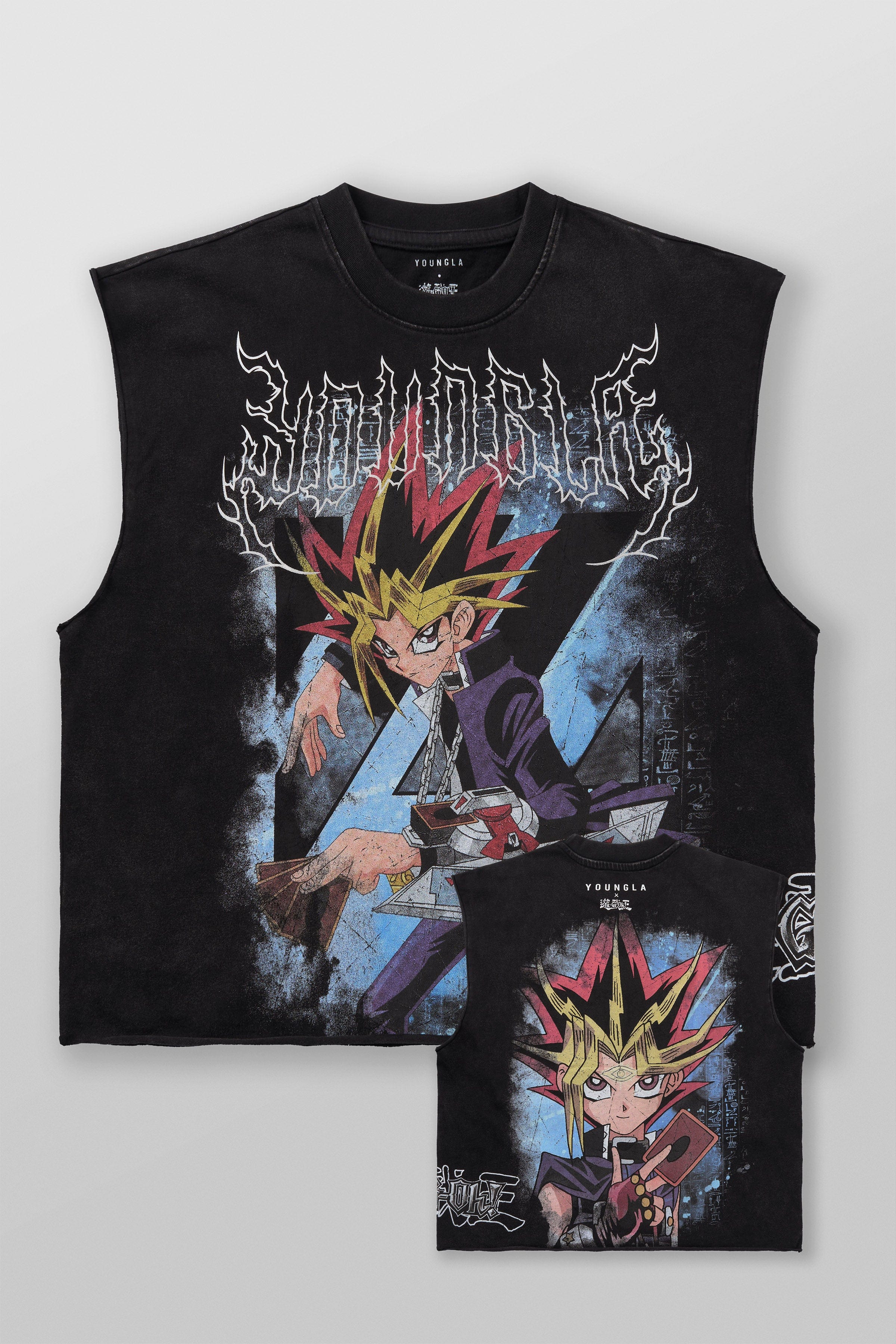 Close-up of Yu-Gi-Oh! vintage graphic on cut-off shirt