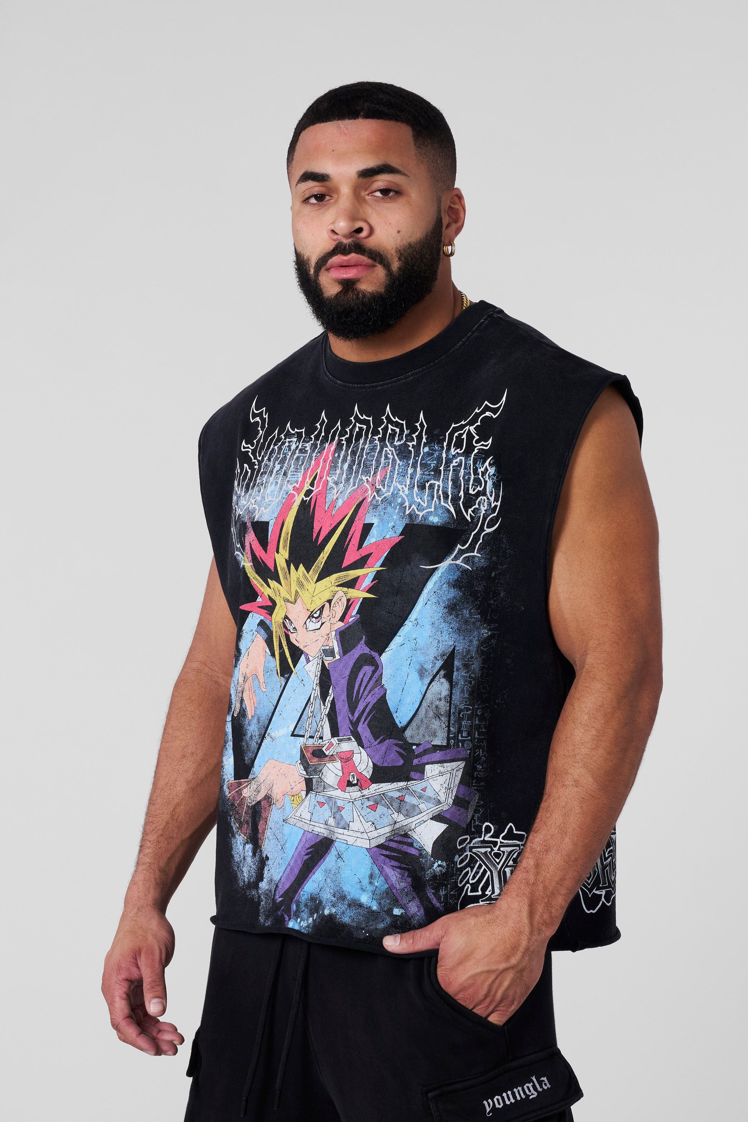 Streetwear model wearing anime tank top with relaxed fit