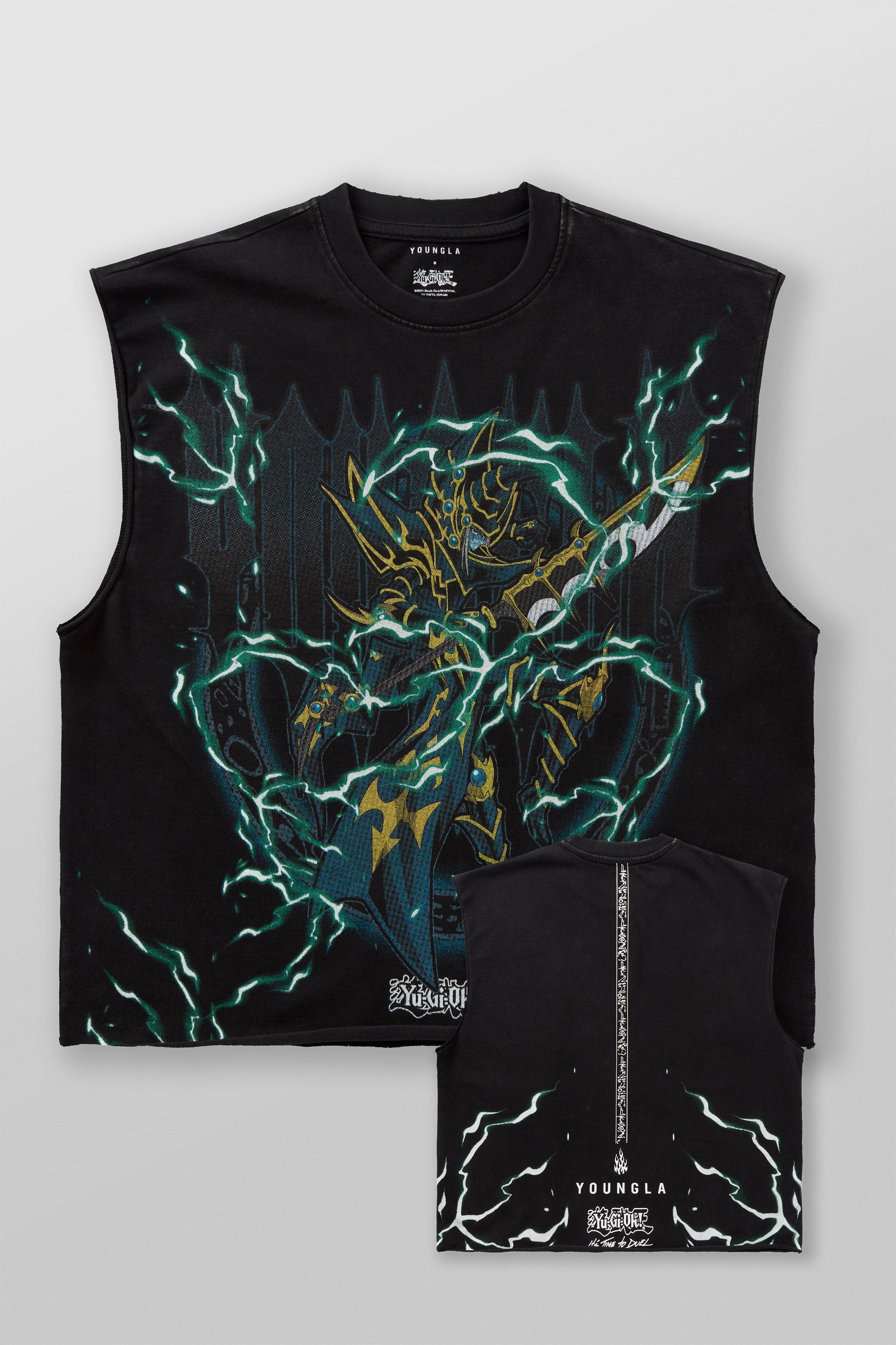 Streetwear model wearing anime tank top with relaxed fit