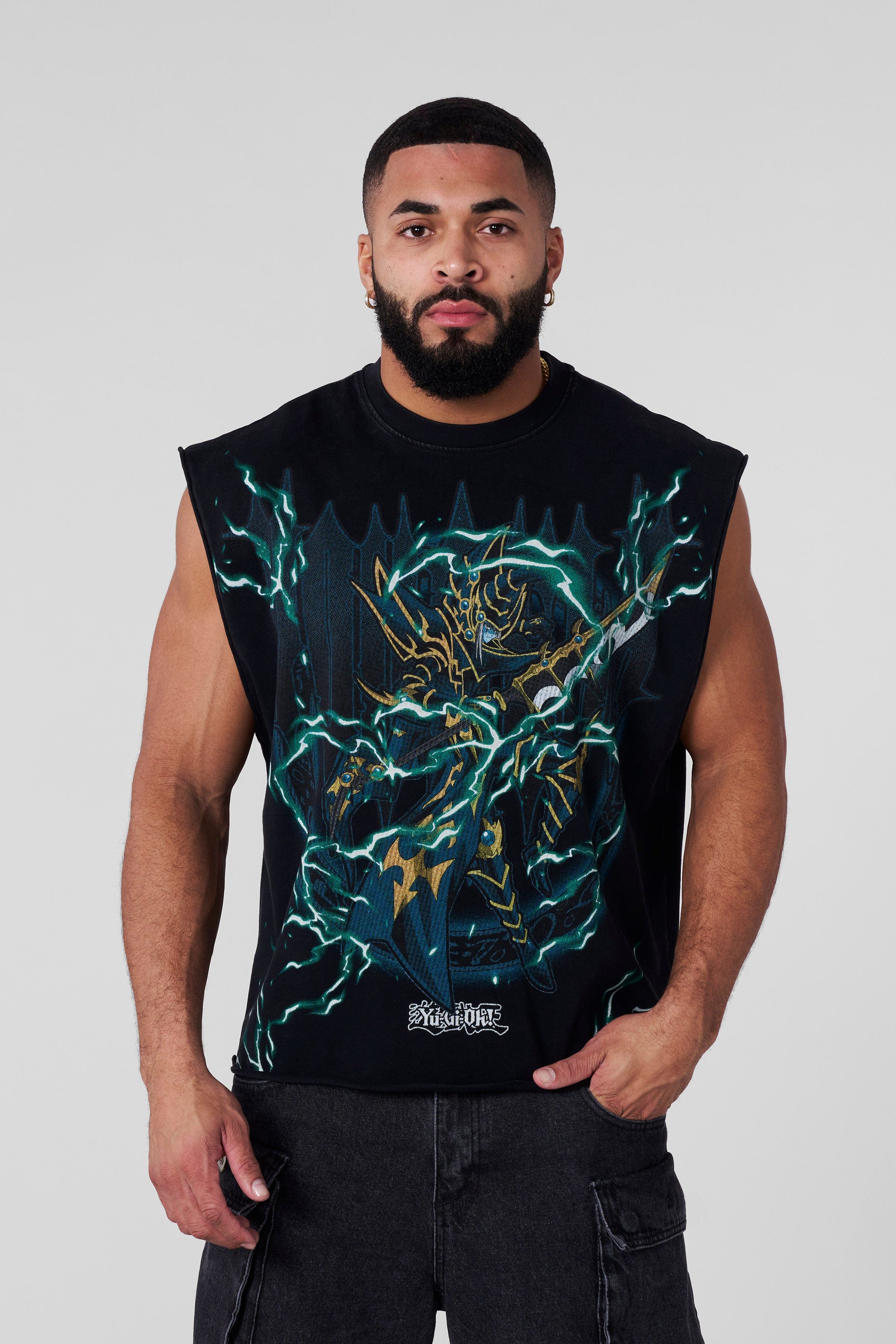 Close-up of Yu-Gi-Oh! vintage graphic on cut-off shirt