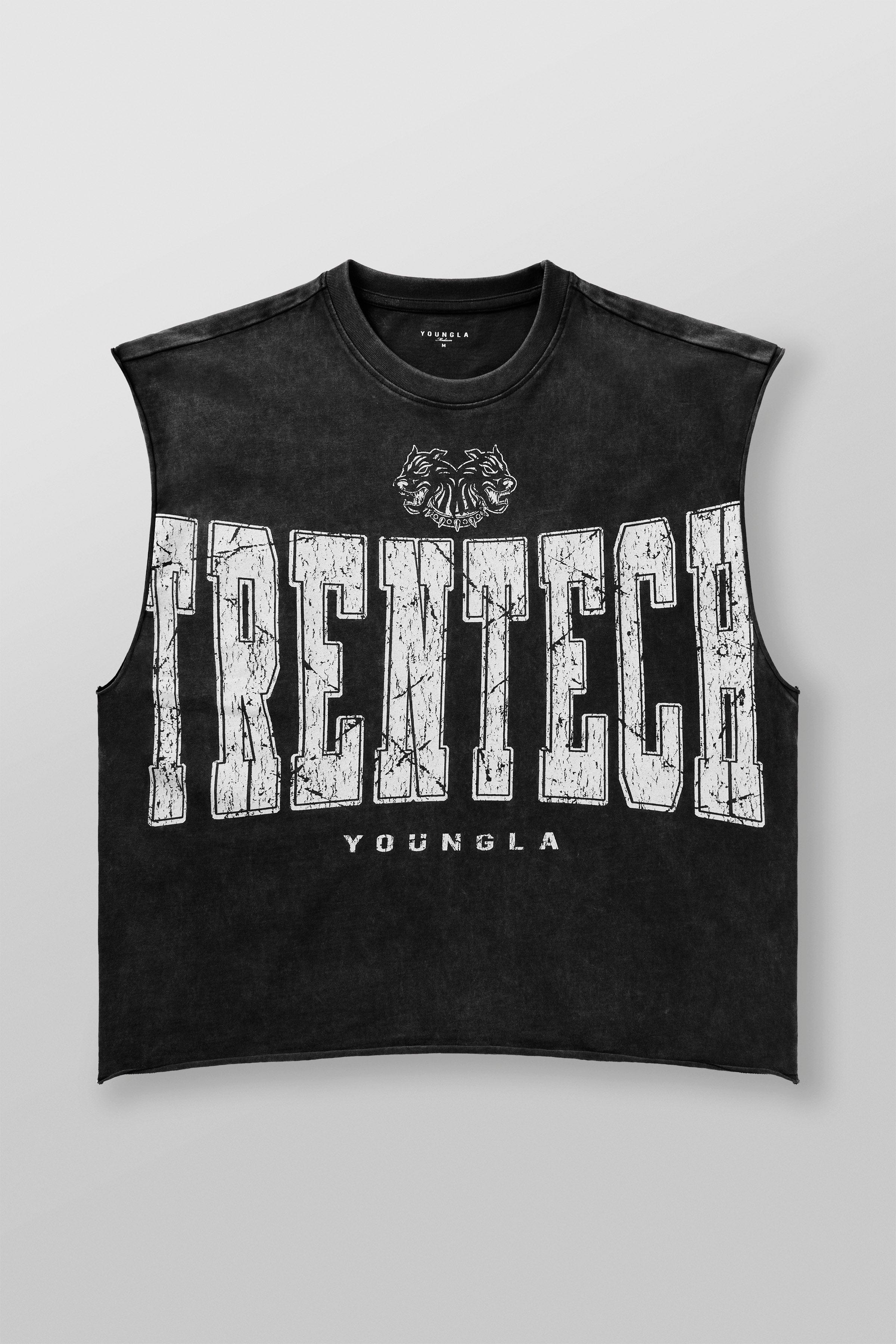 Front view of Tren Twins Badass Cut-Off Tank Top, showcasing its relaxed fit.