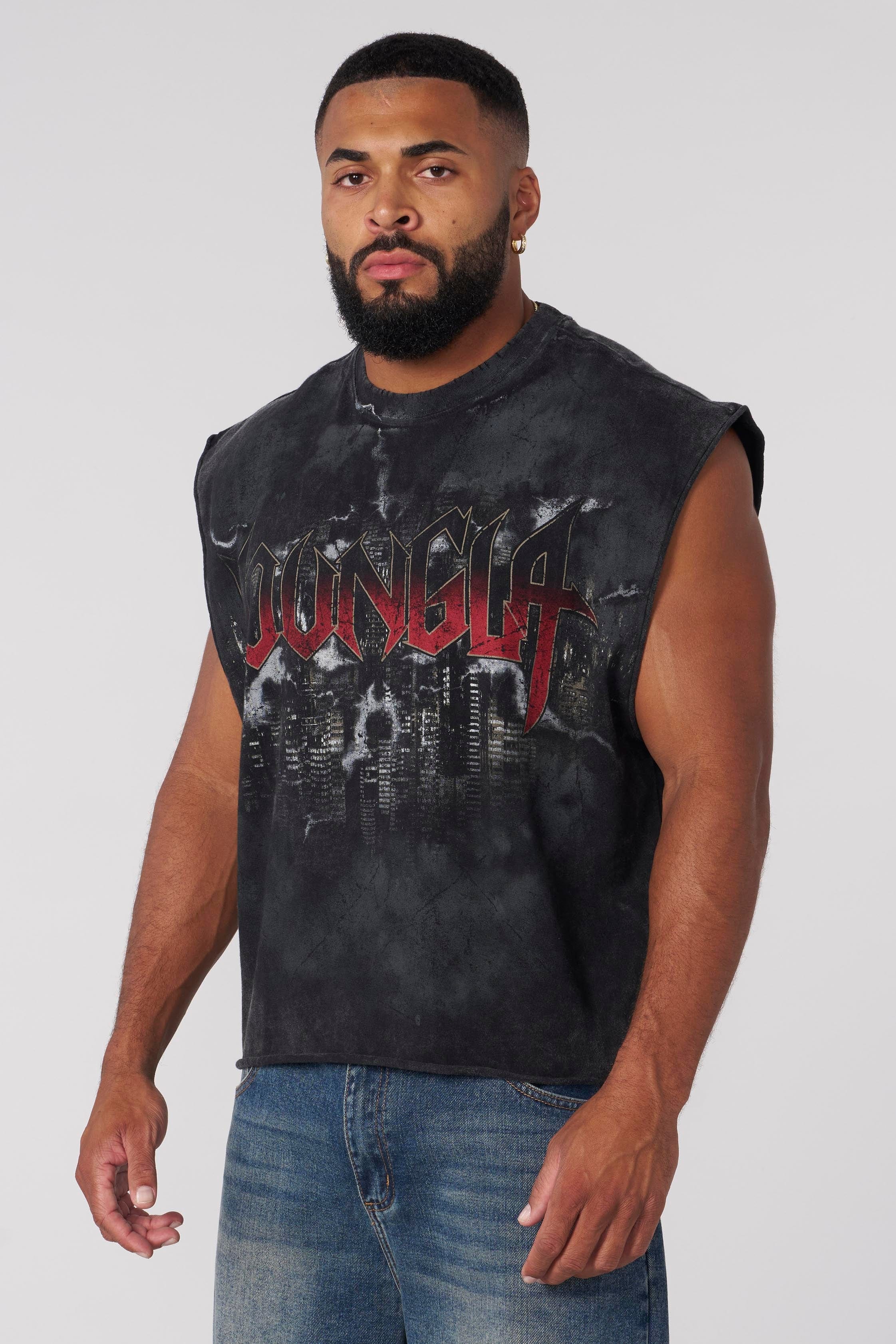 Front view of Urban Luxe graphic tank top with dark skyline print.