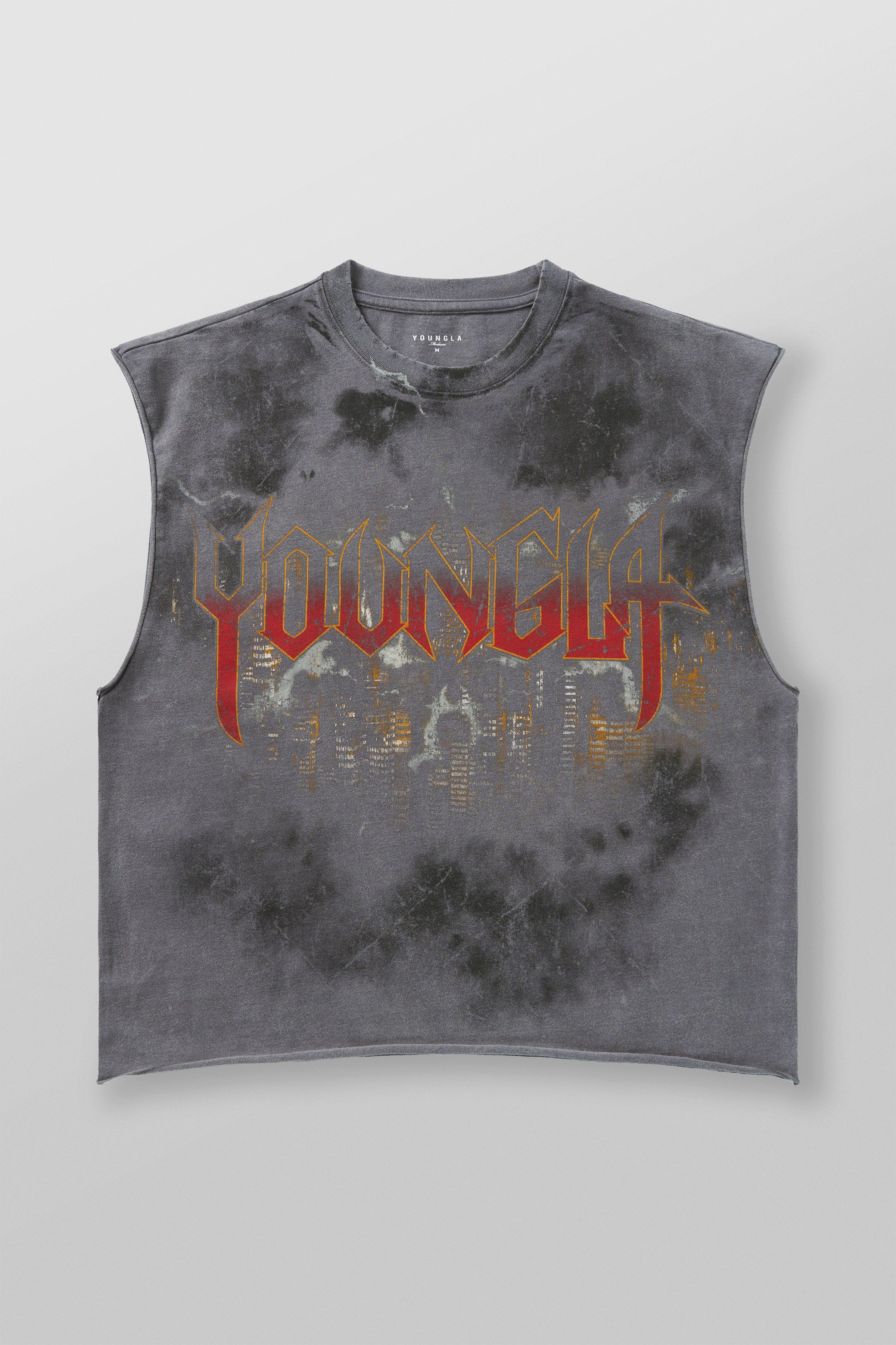 Front view of Urban Luxe graphic tank top with dark skyline print.