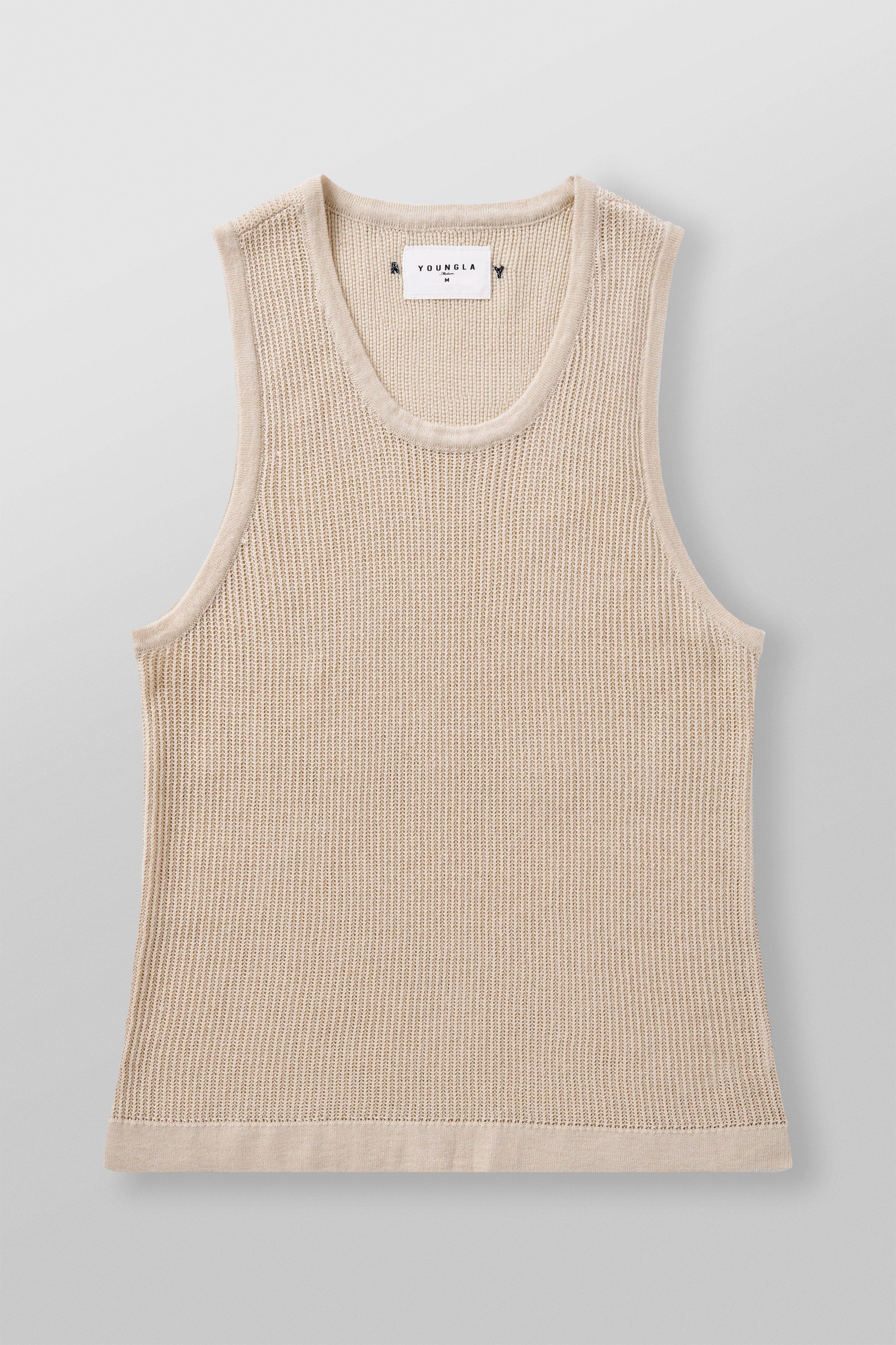 Close-up of the crochet tank top fabric showing its breathable weave