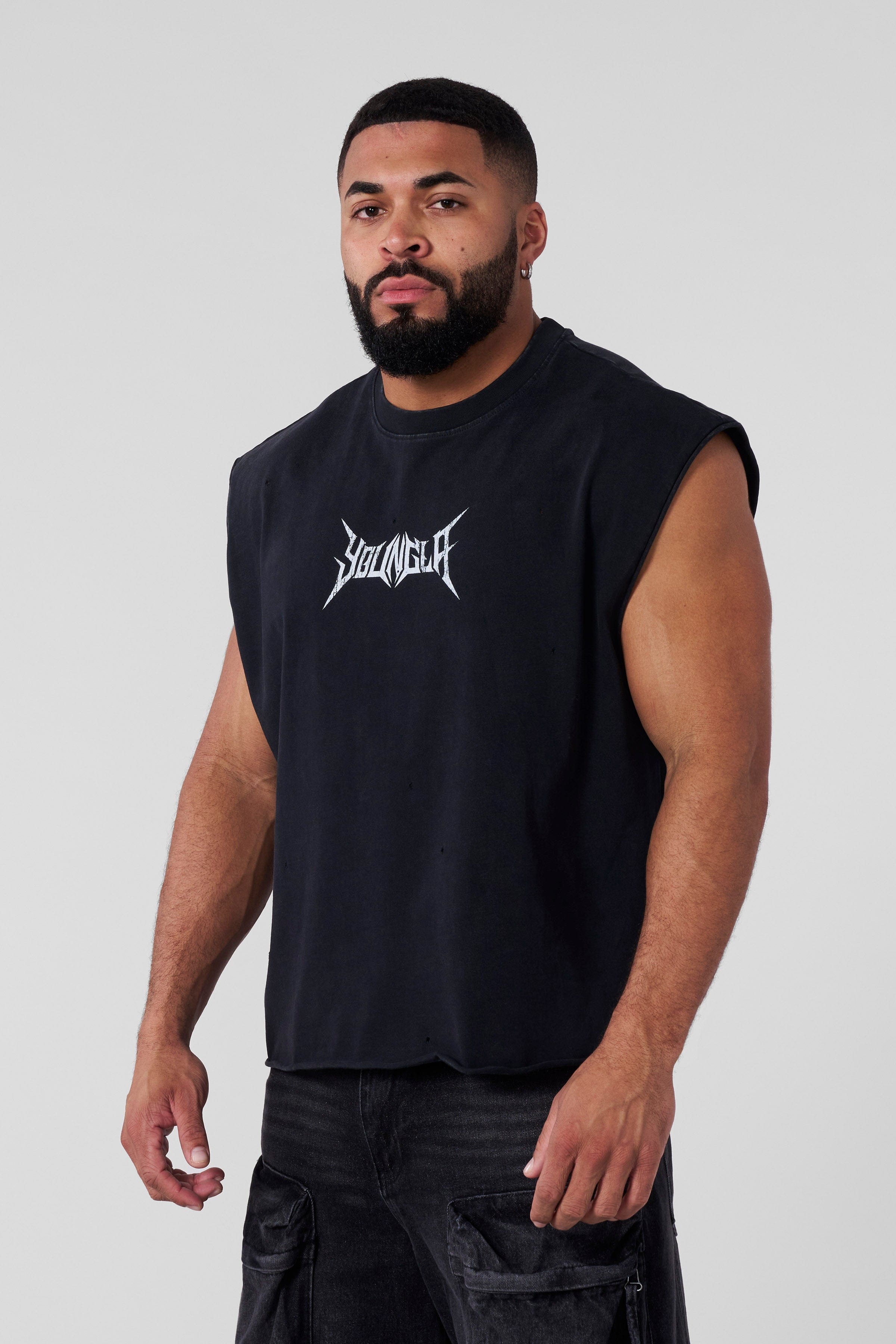 Back detail of raw-edged sleeves on heavyweight cotton tank