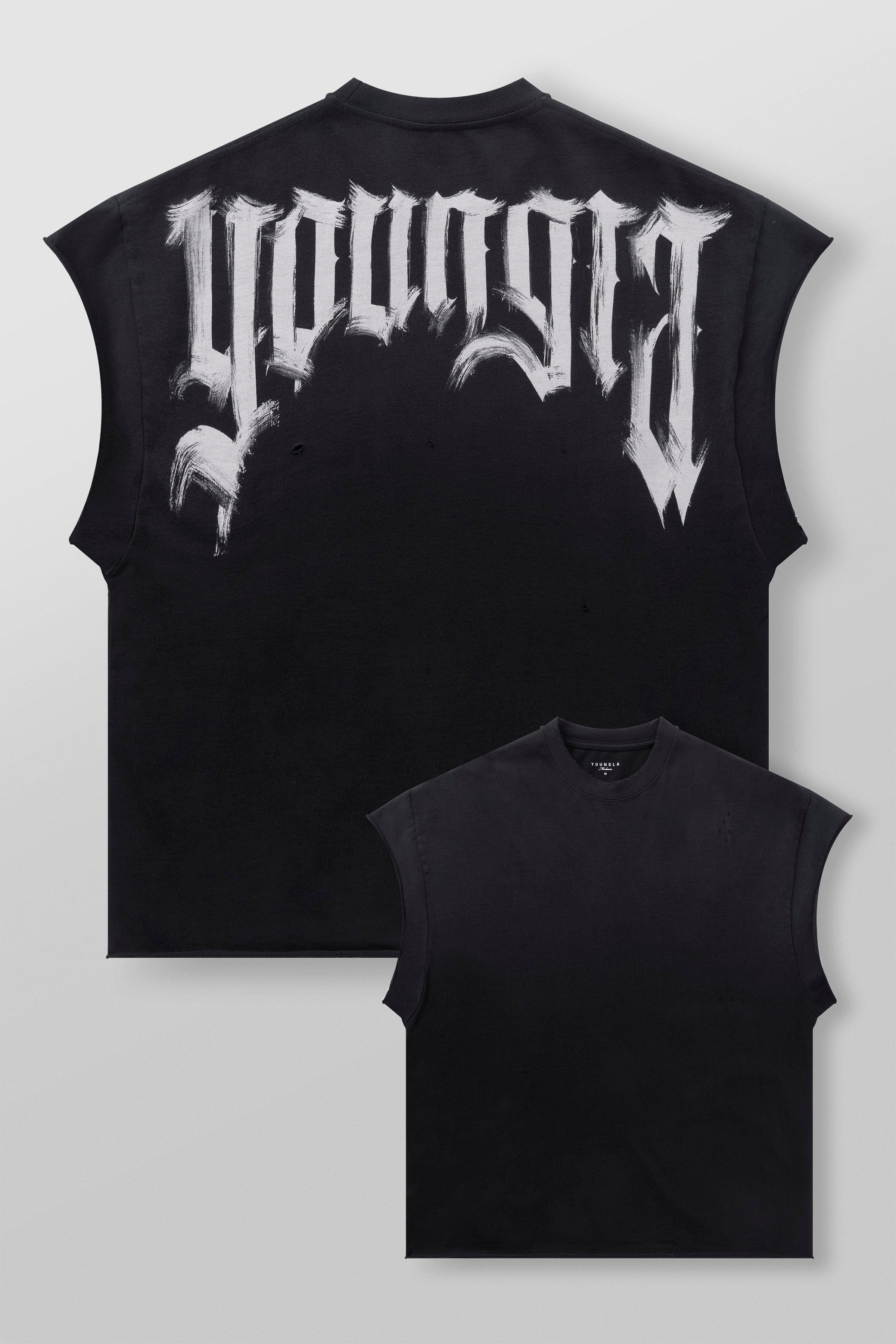 Man wearing gym tank top with drop shoulder detail in black finish