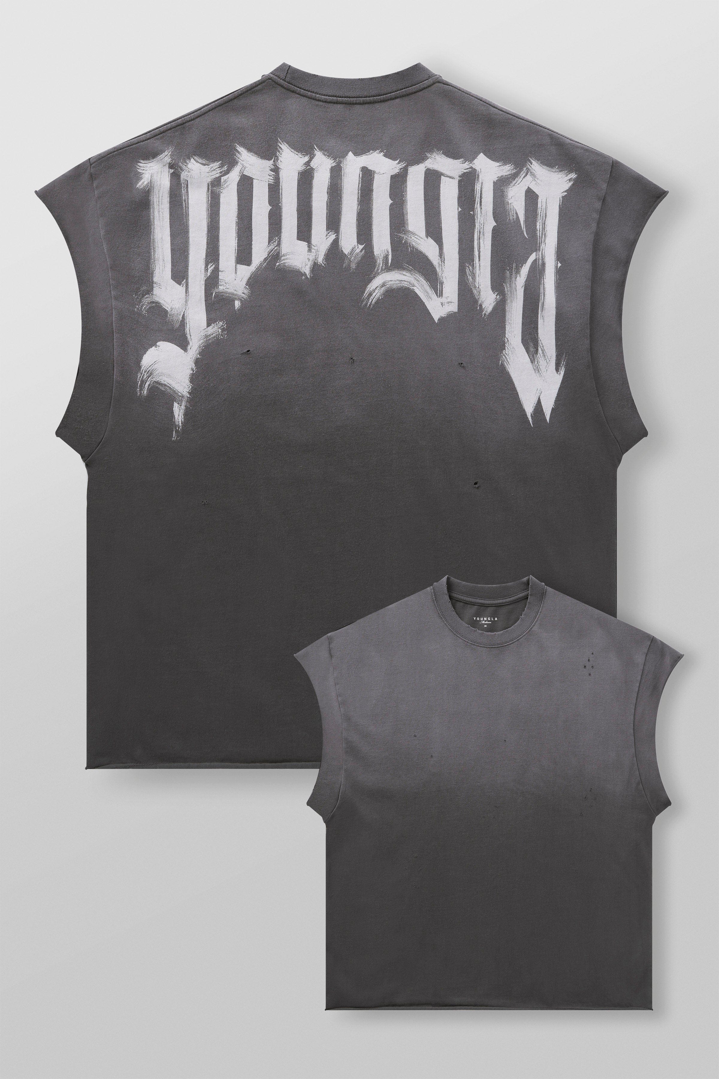 Washed black cut off tank displayed from side angle with YoungLA print