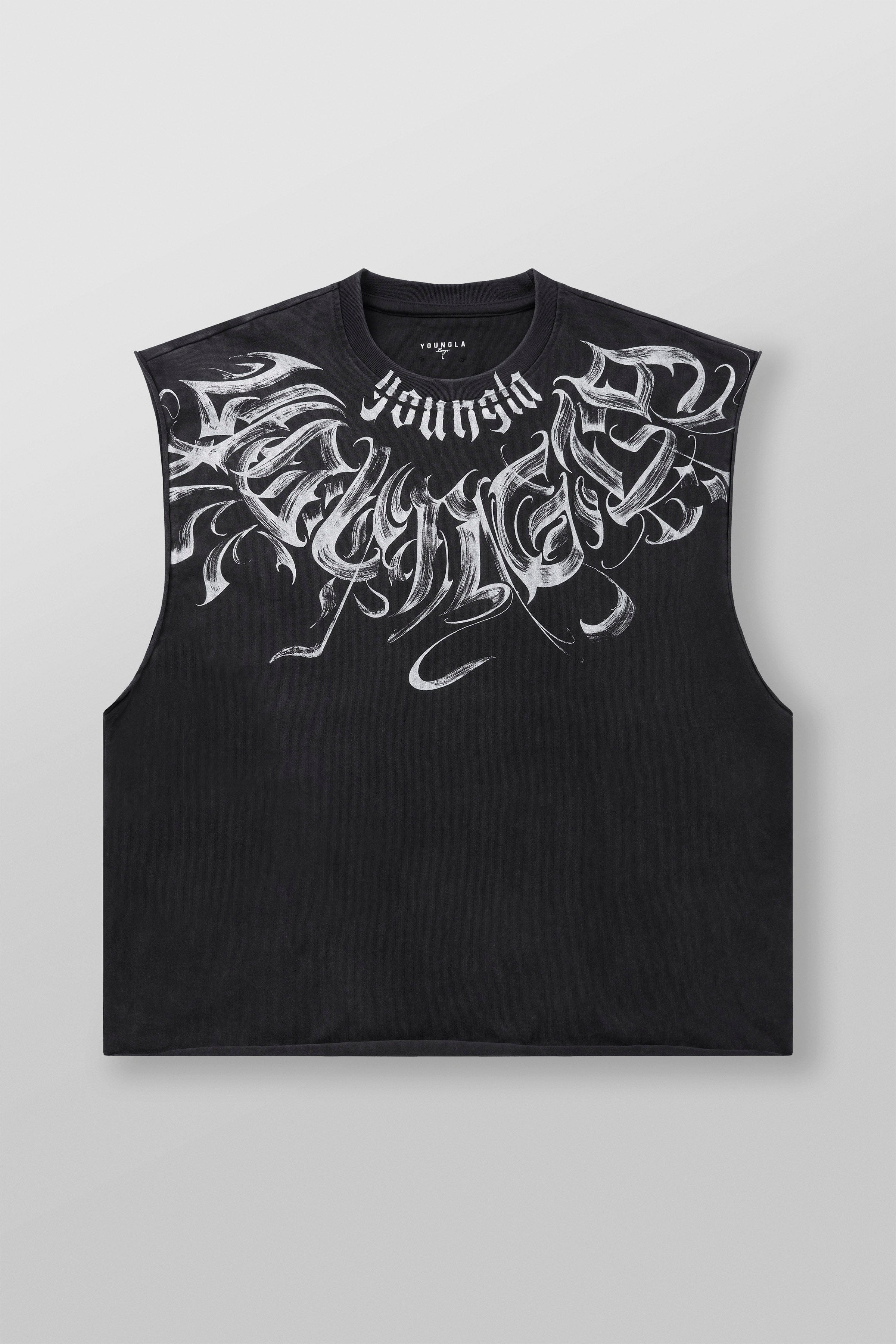 Back view of YoungLA Cut-Off Shirt demonstrating its stylish design.