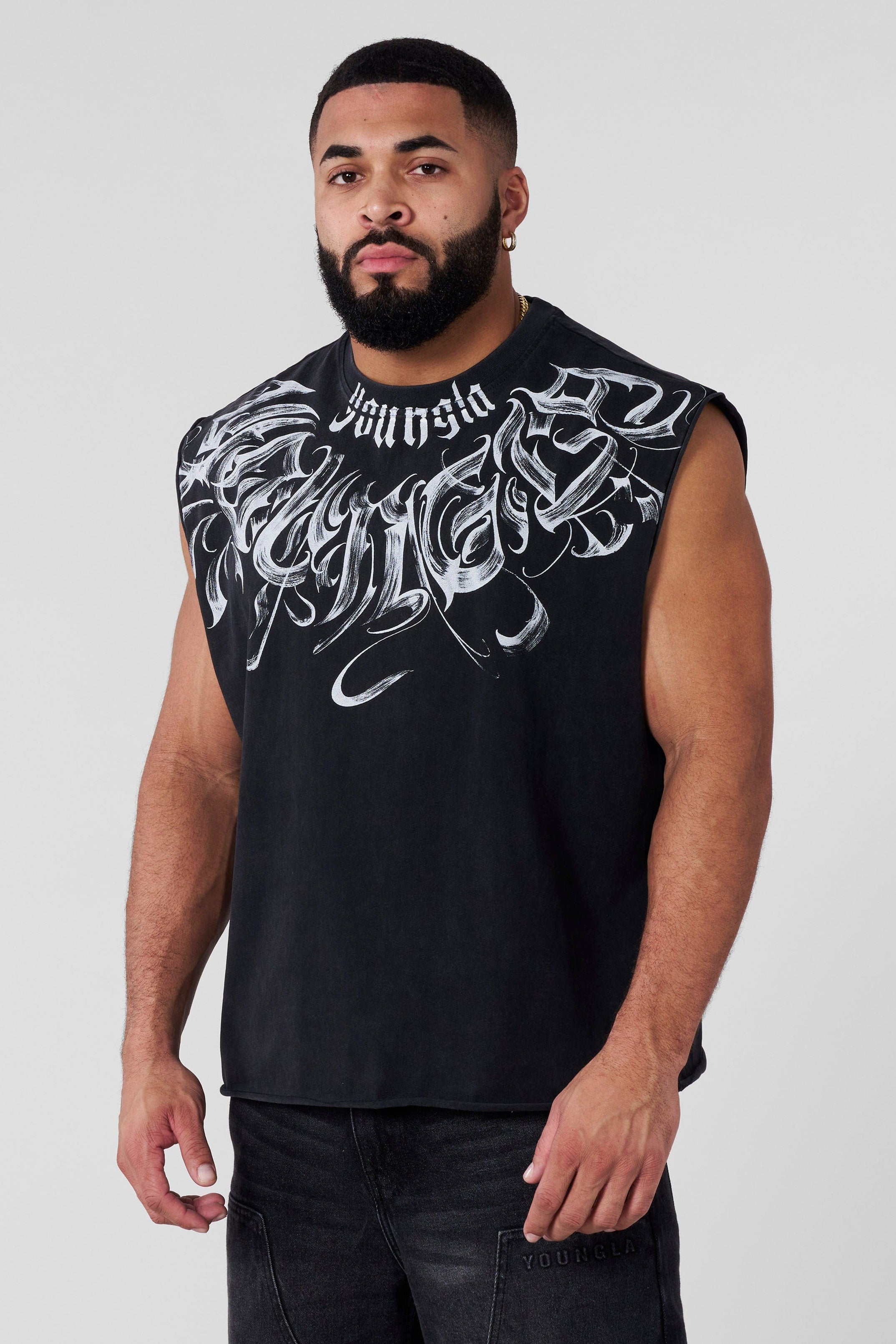 Front view of YoungLA Cut-Off Shirt in black, ideal for gym workouts.