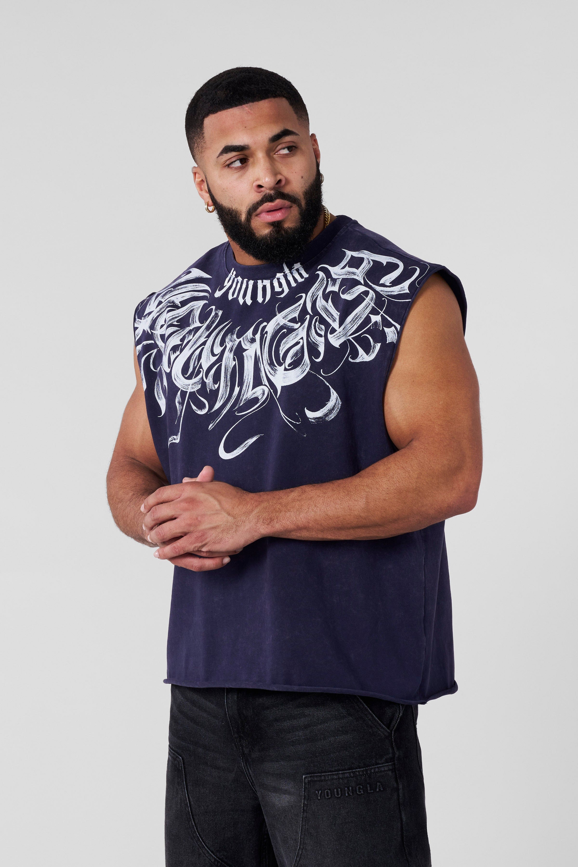 Back view of YoungLA Cut-Off Shirt demonstrating its stylish design.
