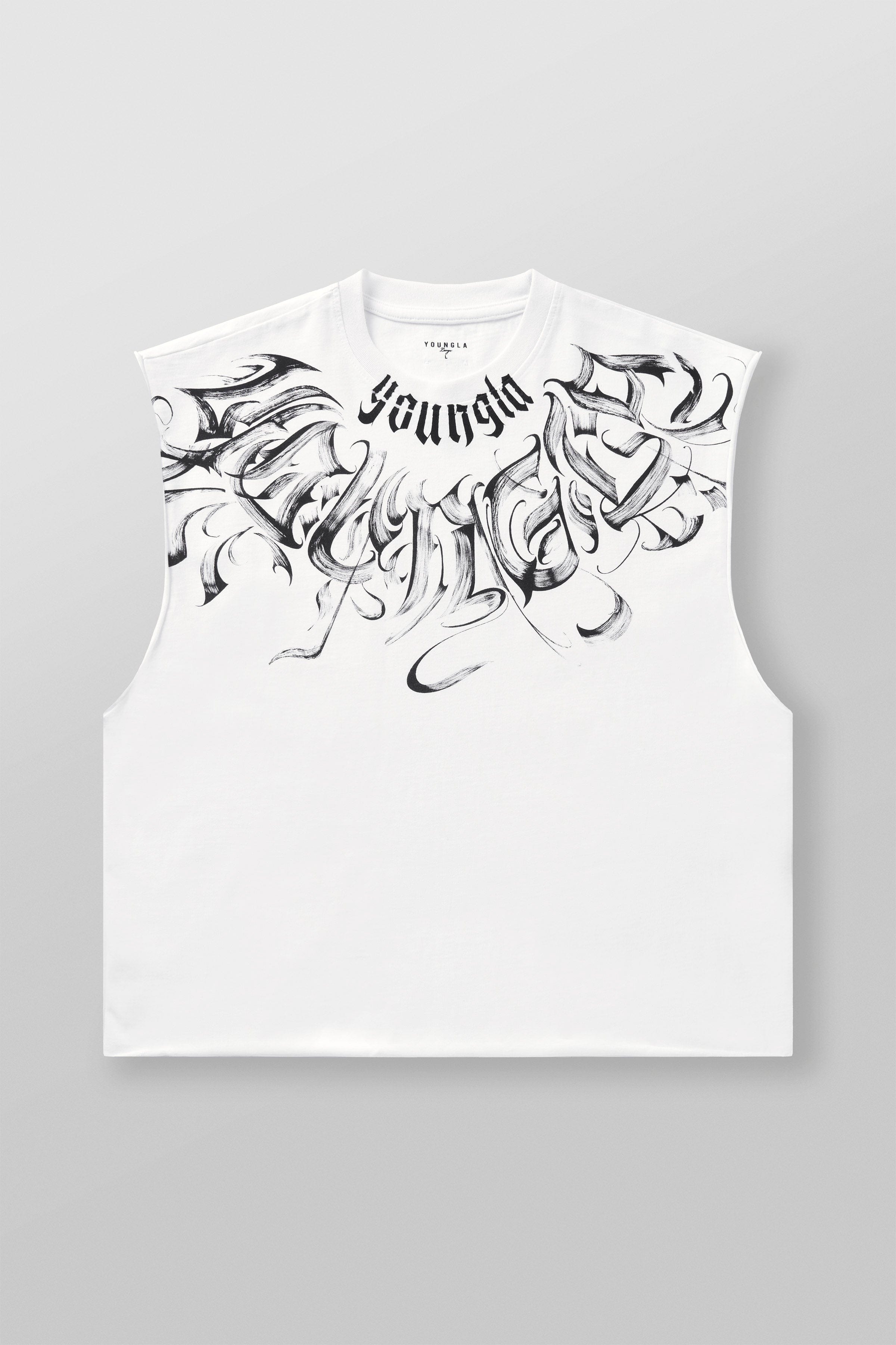 Side angle of YoungLA Mens Gym Shirt highlighting raw-cut sleeves.