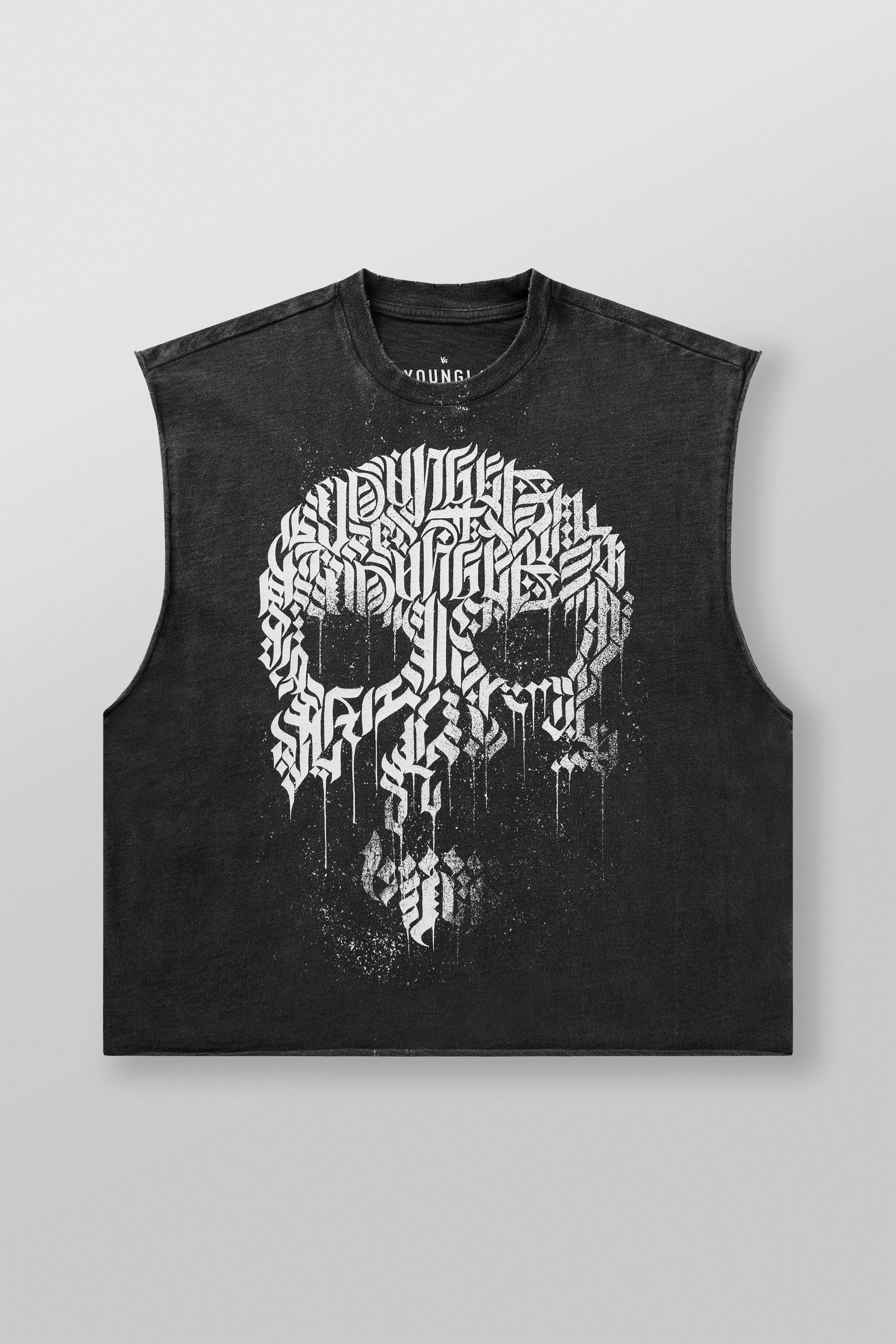 Back view showing rugged hem design of mens cut-off shirt