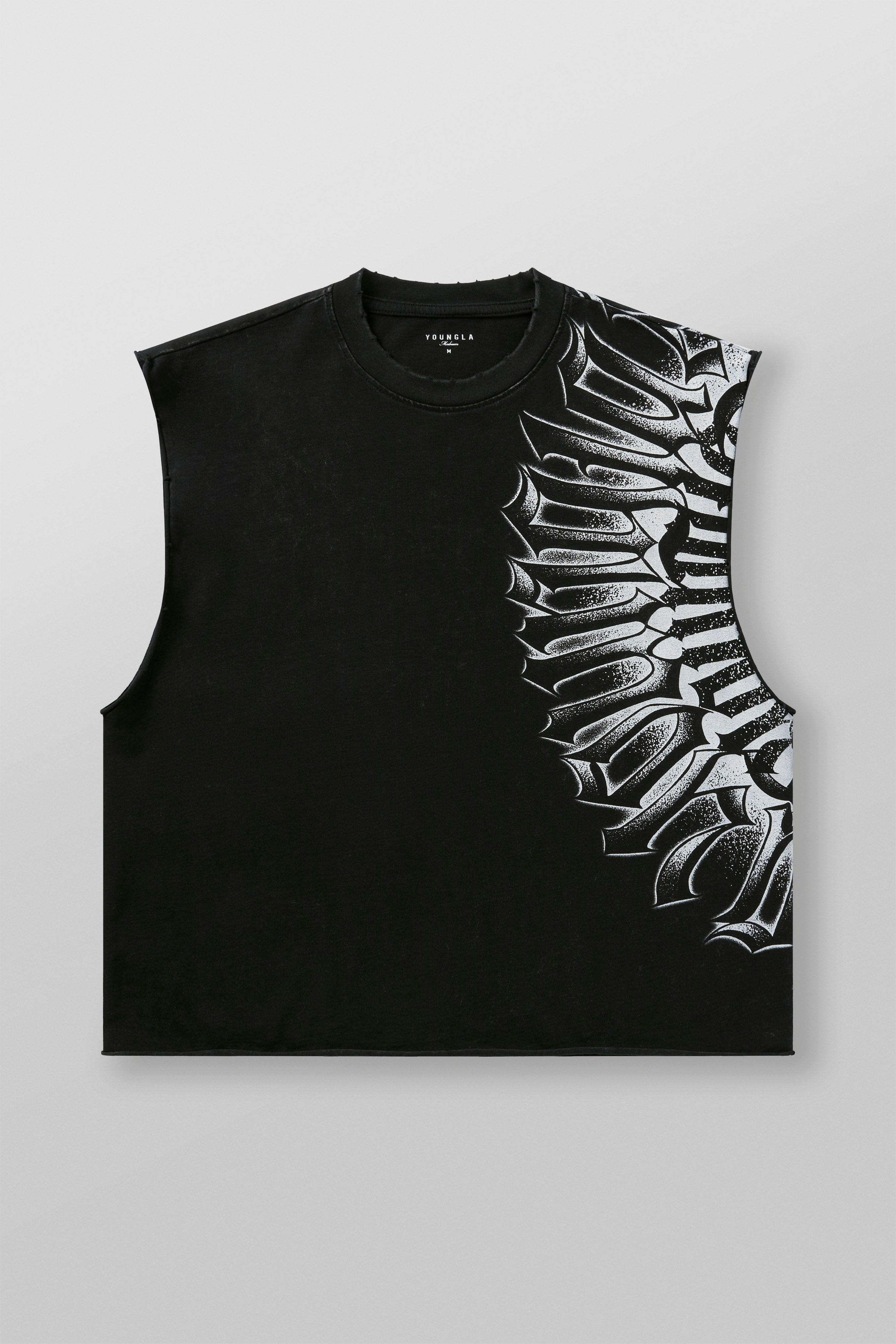Front angle of muscle tank top worn by male model in urban setting.