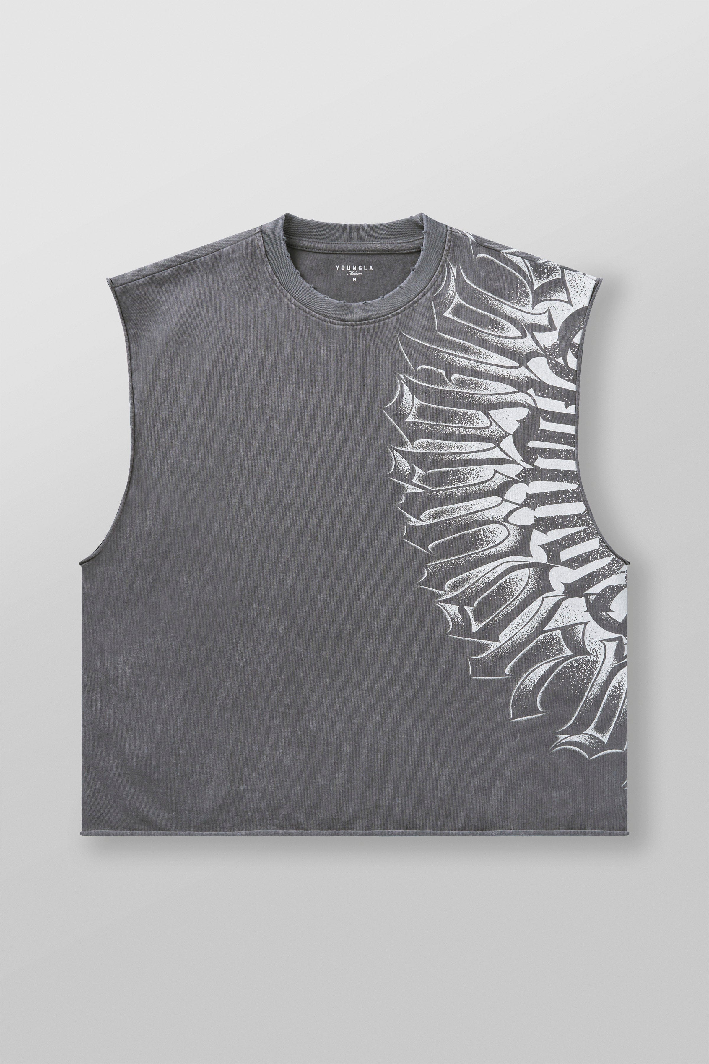 Side view showing movement-friendly armhole cuts on mens muscle tank top.