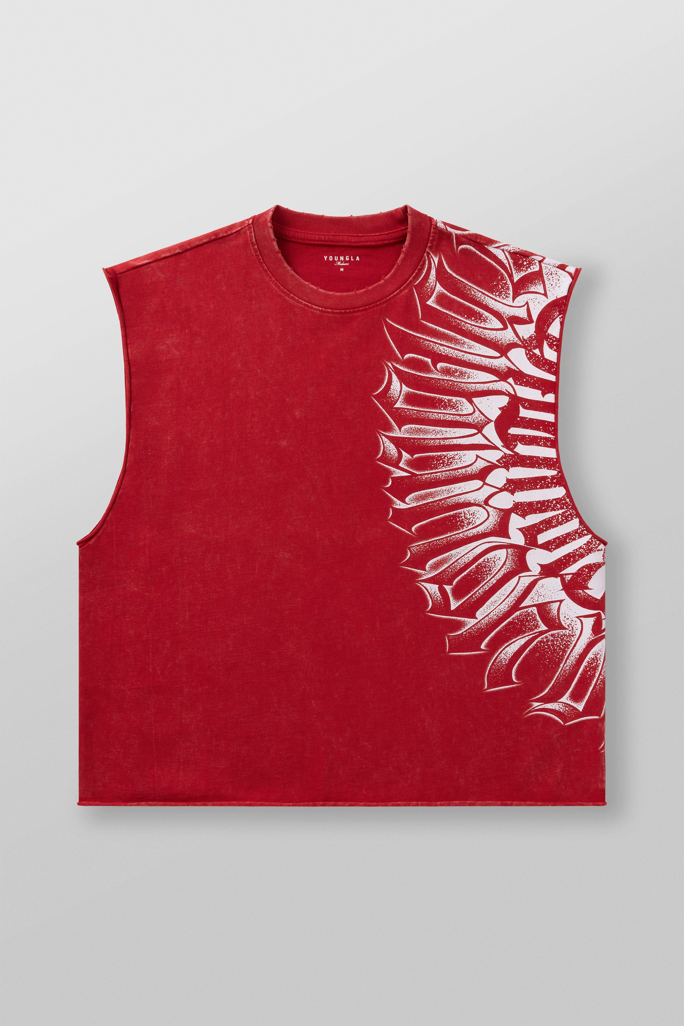Close-up of cotton workout tee showing bold ink shoulder graphic detail.