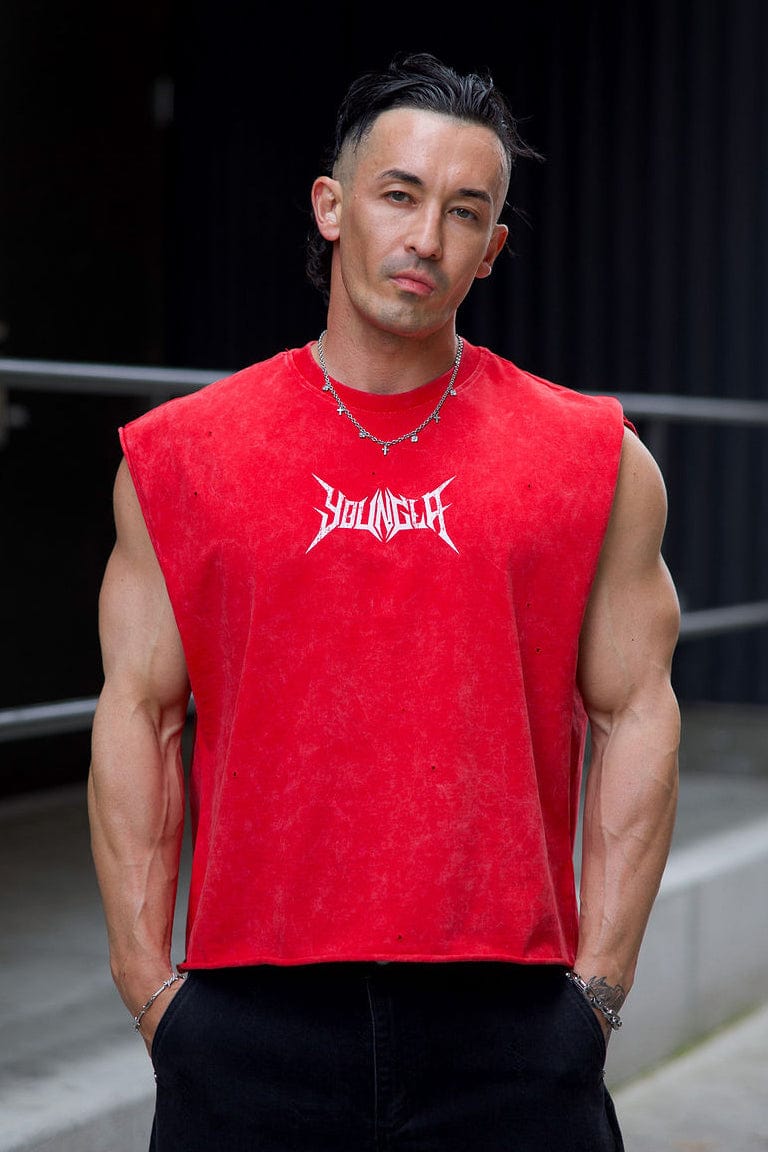 Back detail of raw-edged sleeves on heavyweight cotton tank