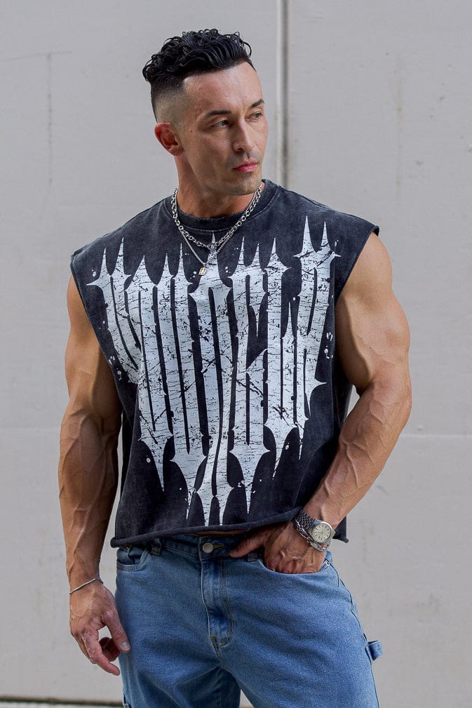 Front view of the Revenge Distressed Crop Tank Top showcasing the logo.