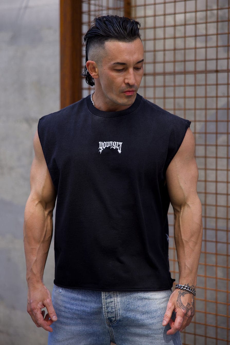 Back view of samurai shorts showing oversized warrior graphic