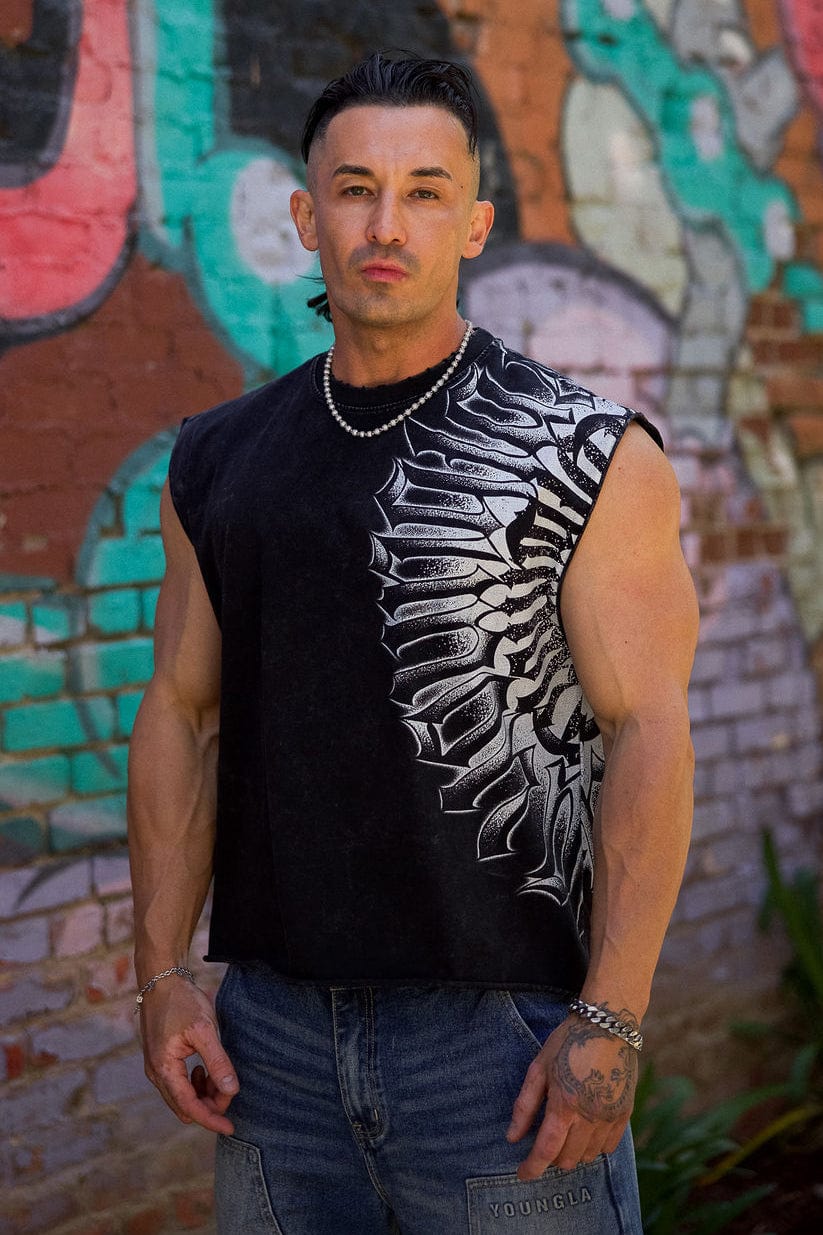 Side view showing movement-friendly armhole cuts on mens muscle tank top.