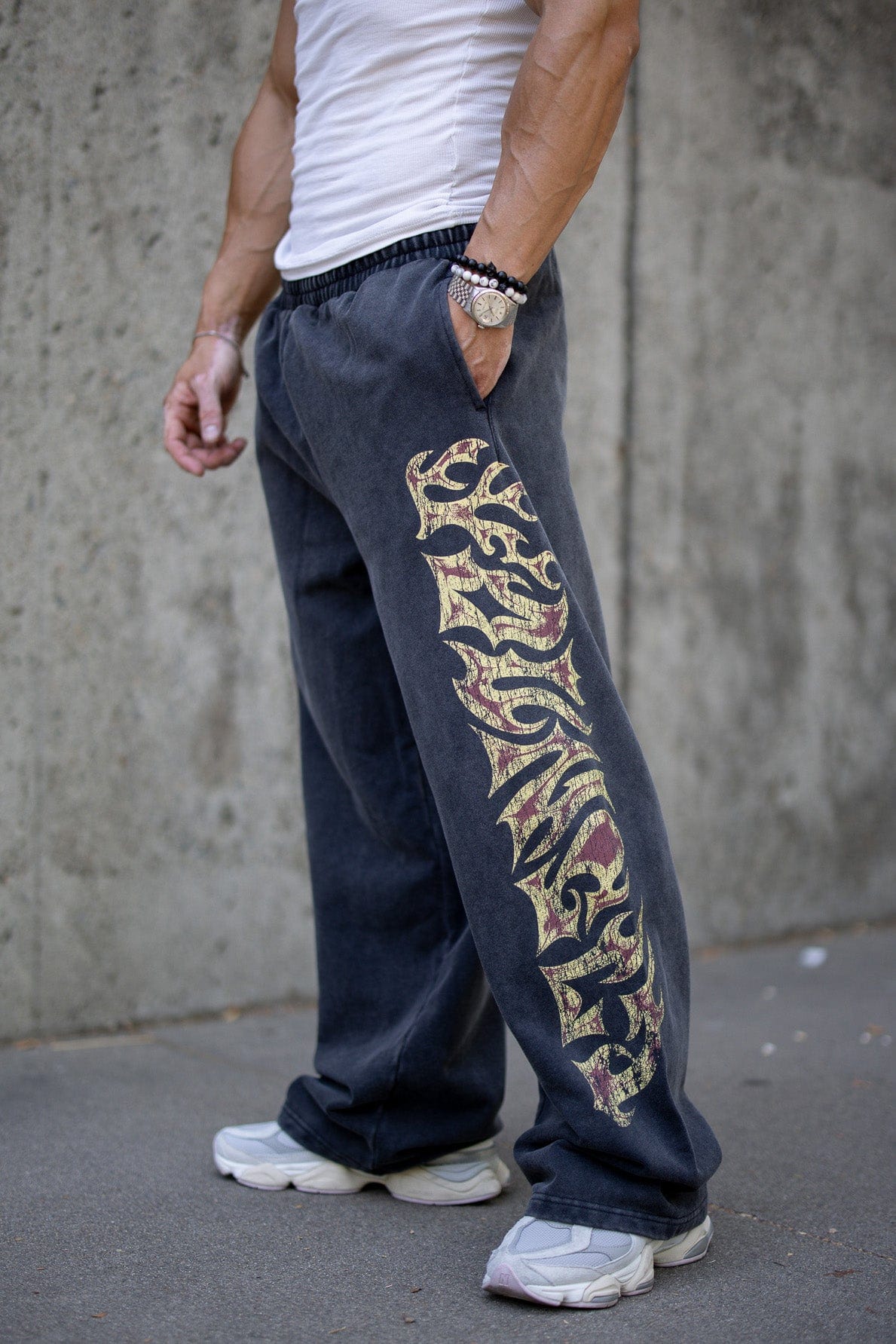 Close-up of 100% cotton fabric of Inferno baggy sweats.
