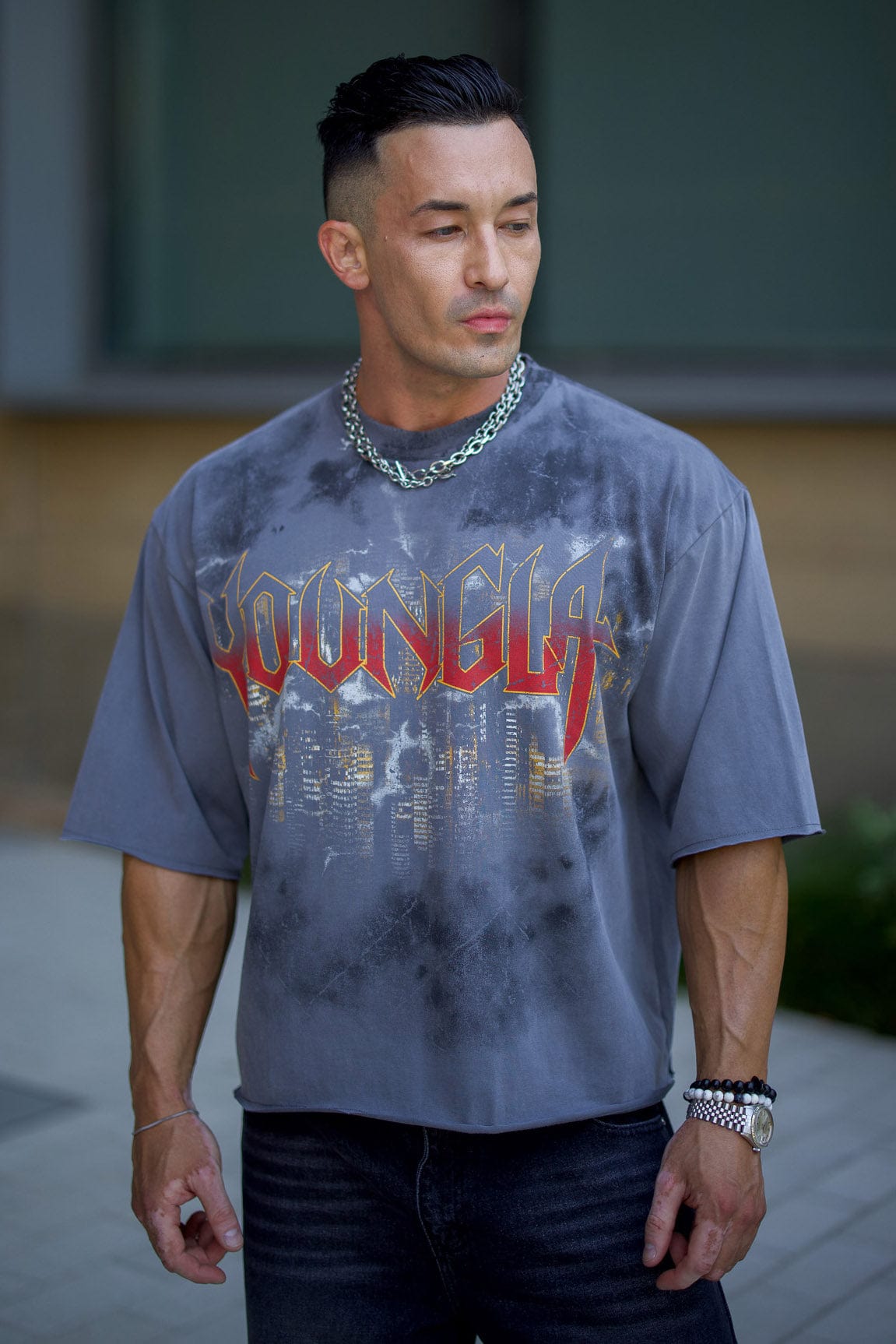 Front view of the Dark Night vintage graphic tee on a model, highlighting the skyline print.