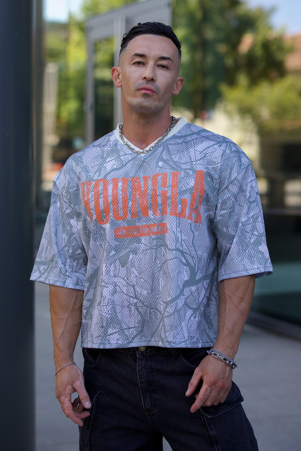 Model wearing a cropped jersey crop shirt during activewear session