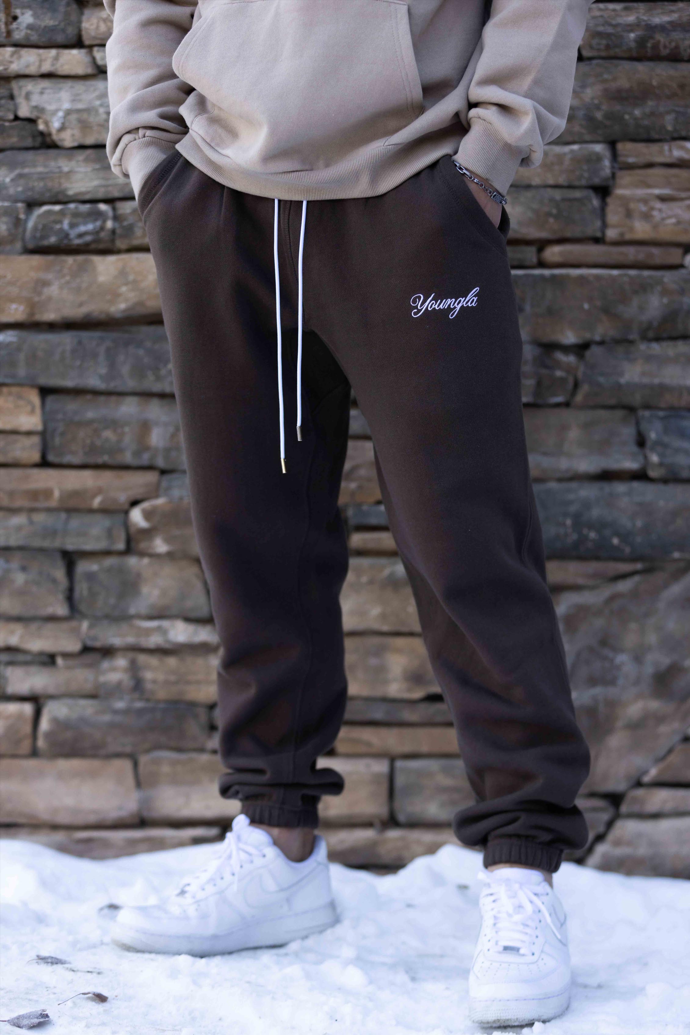 Close-up of mens cotton joggers showing cargo pocket detail