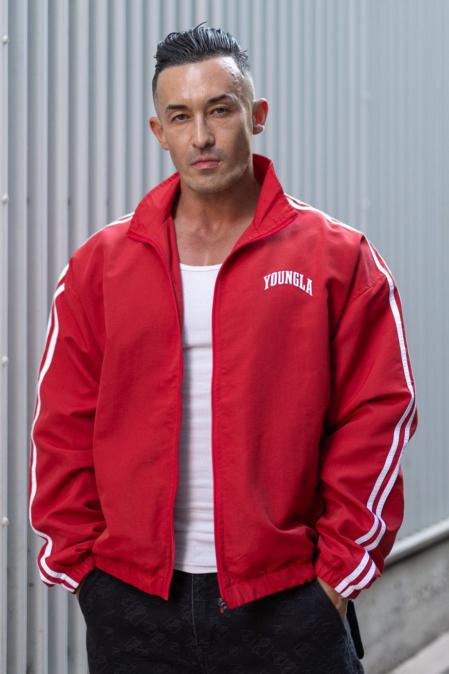 Front view of the athletic zip-up jacket for men, showcasing sporty design.