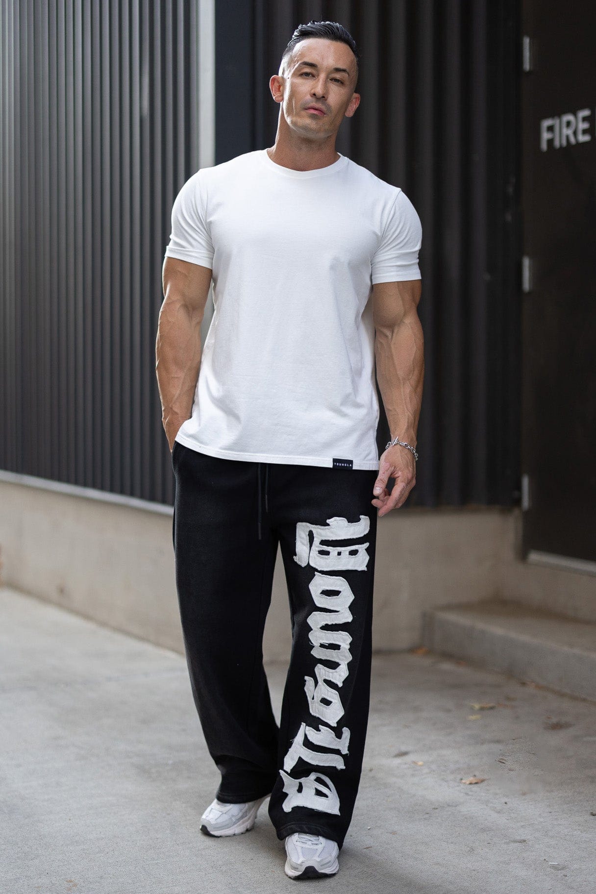 Side view of relaxed fit joggers for men