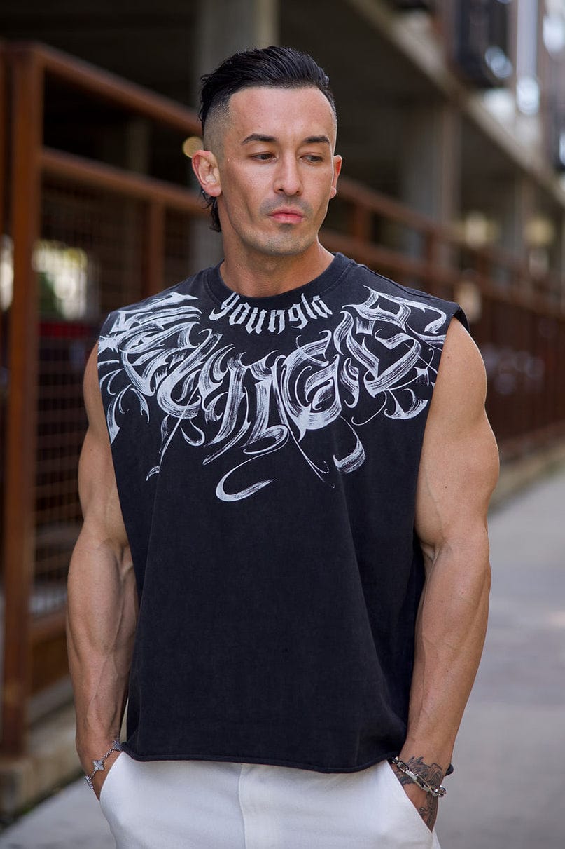 Front view of YoungLA Cut-Off Shirt in black, ideal for gym workouts.