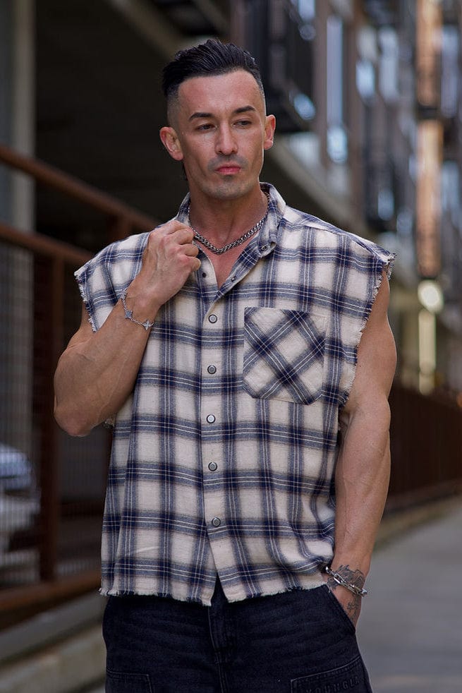 Front view of vintage-inspired flannel shirt jacket on model