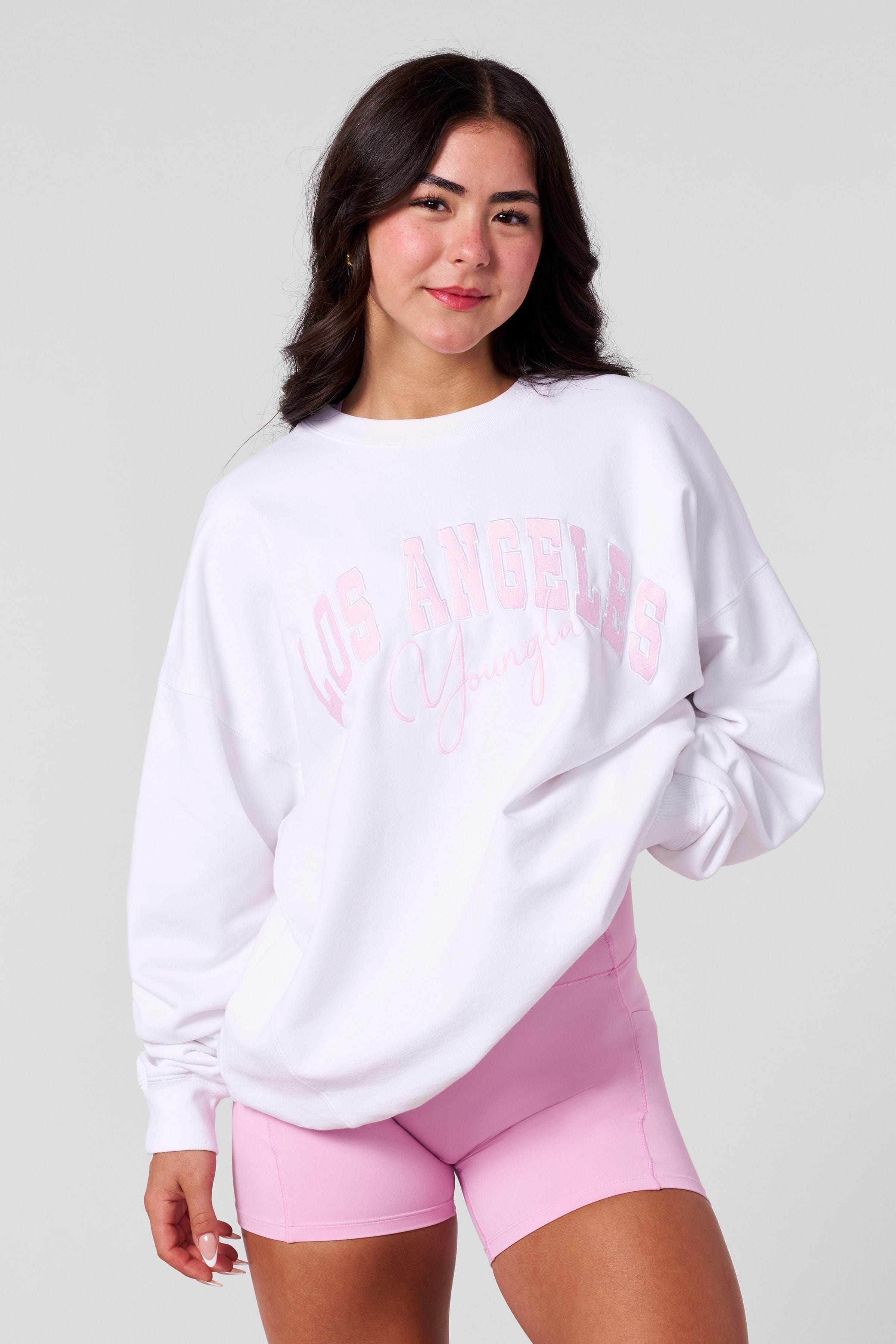 Close-up of the varsity crewneck’s soft fleece texture