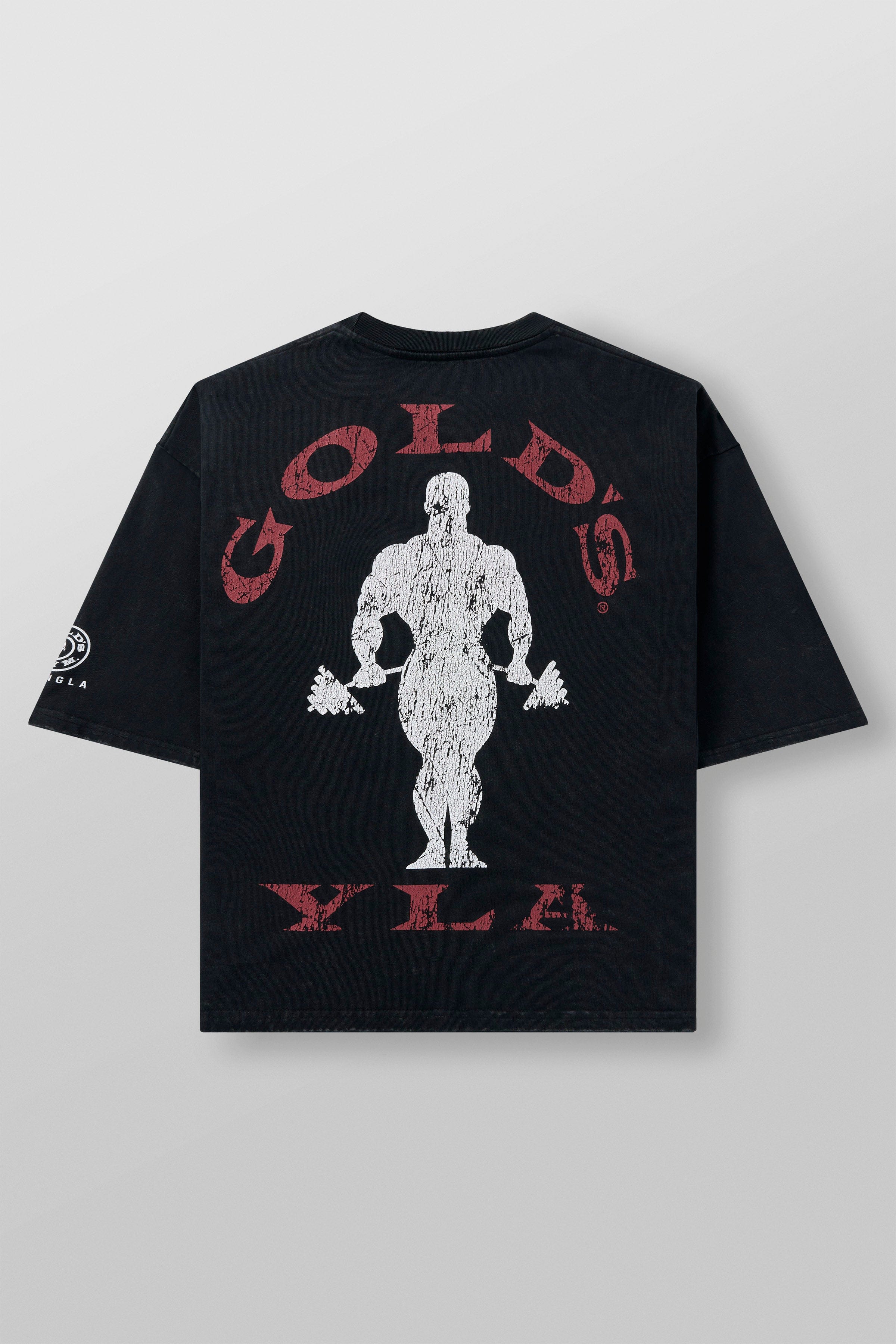 Close-up of distressed Golds Gym x YoungLA logo on back of heavyweight tee