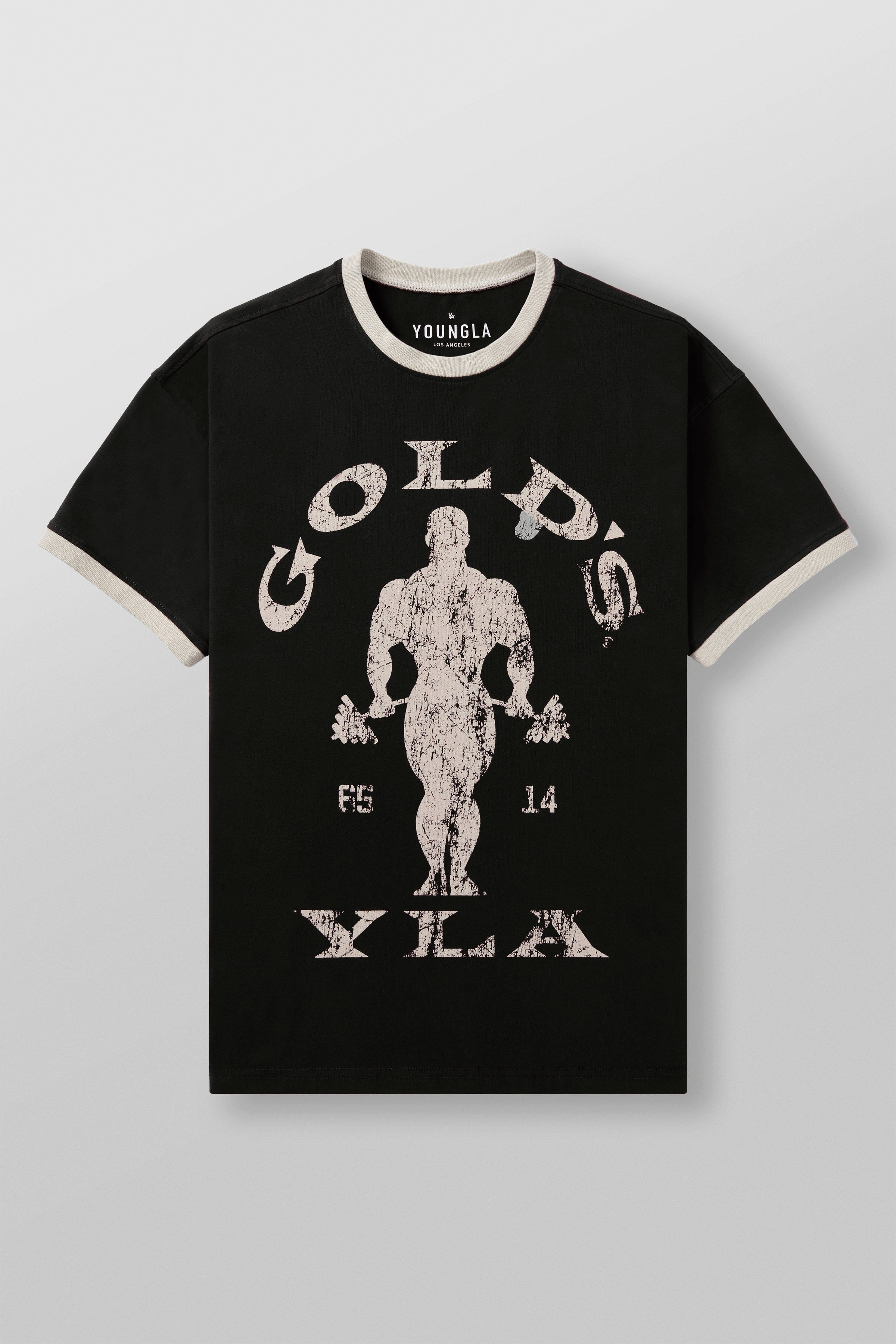 Front view of vintage Golds Gym ringer tee with distressed graphics