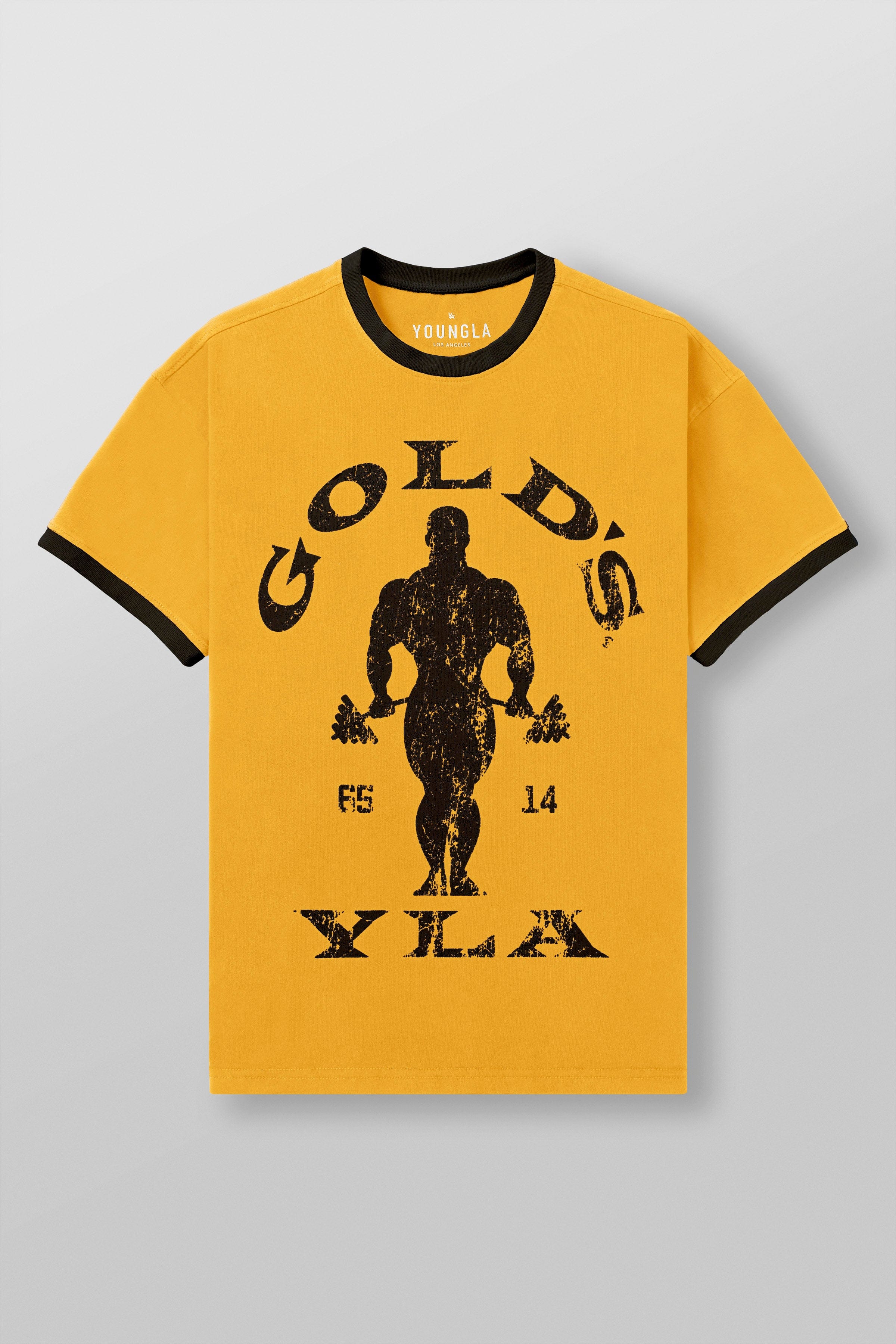 Model wearing fitted Golds Gym T-shirt during workout session