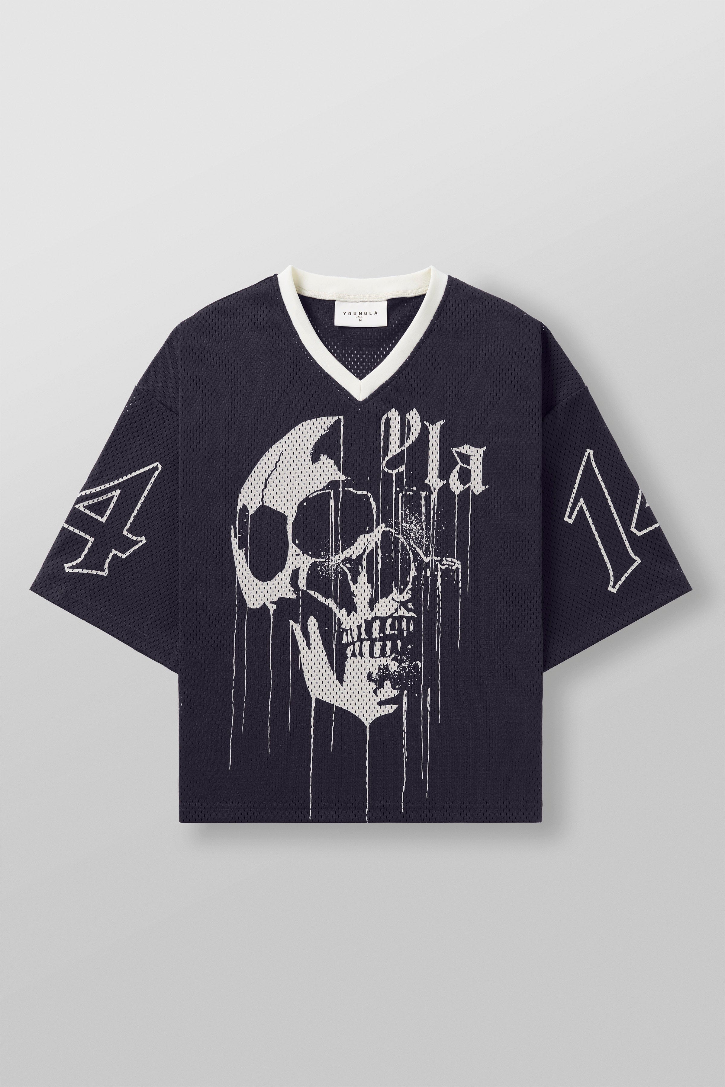 Front view of the drippy skull jersey showcasing bold design and relaxed fit