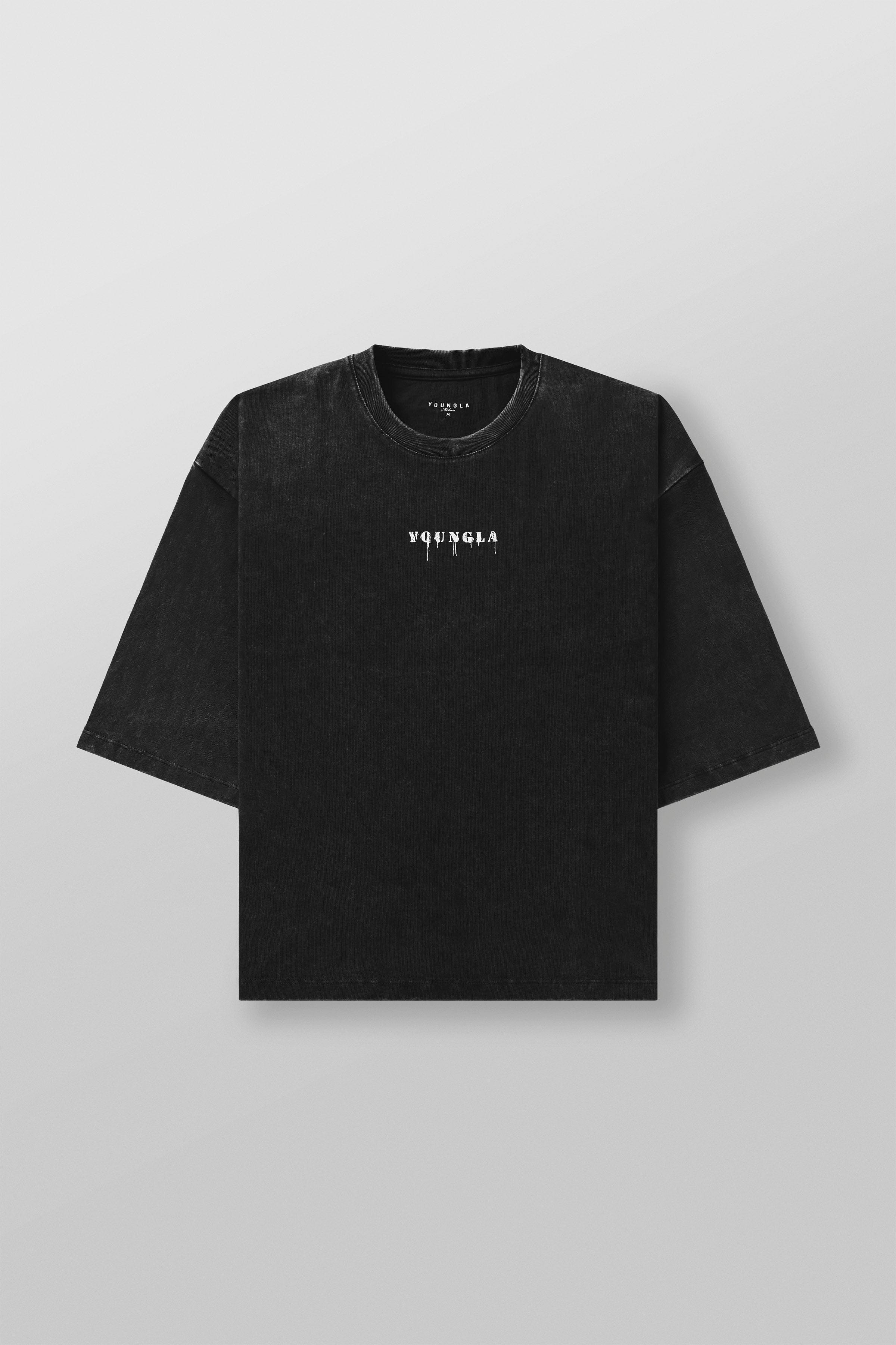 Close-up of the textured fabric and distressed finish of the heavy cotton t-shirt