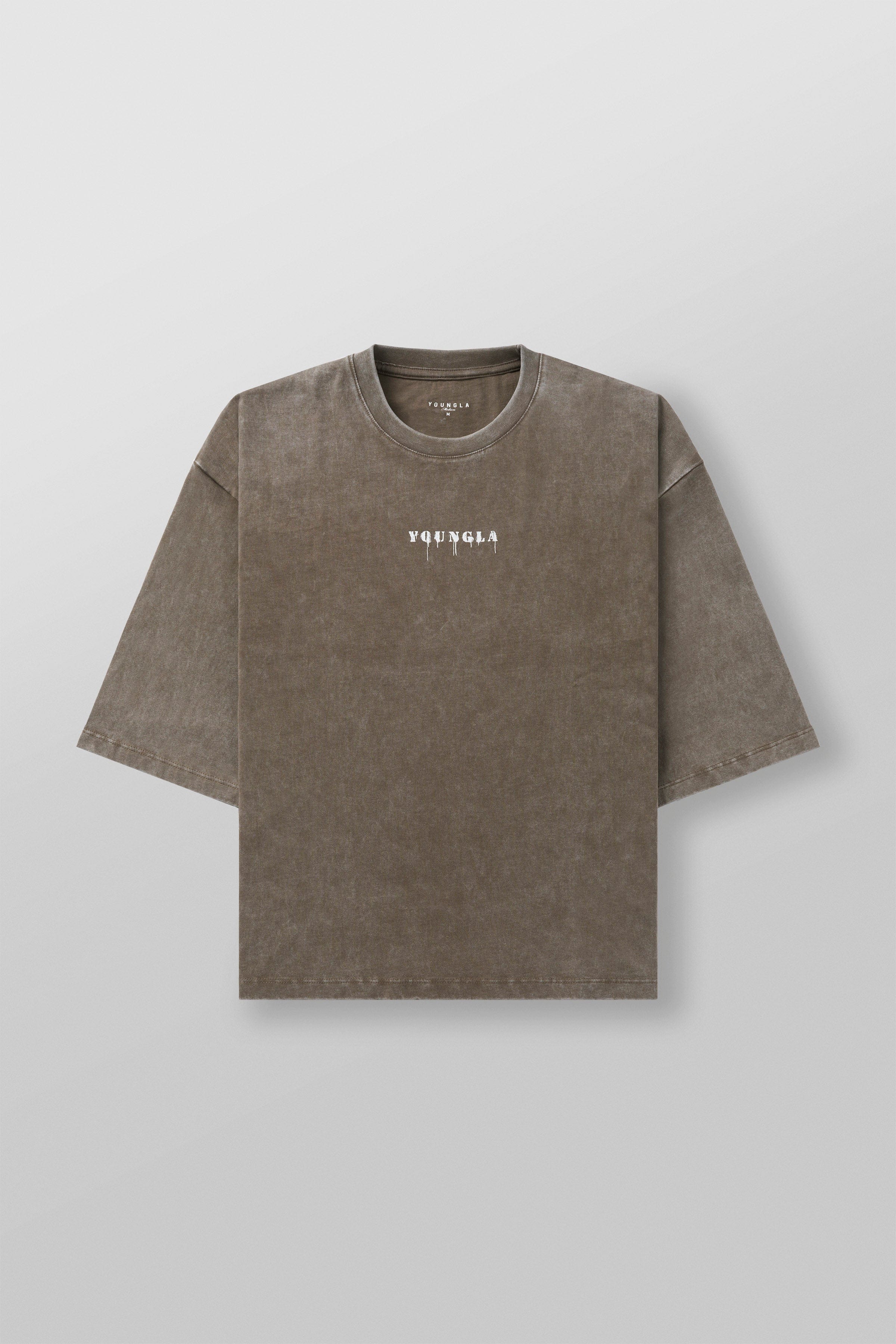 Close-up of the textured fabric and distressed finish of the heavy cotton t-shirt