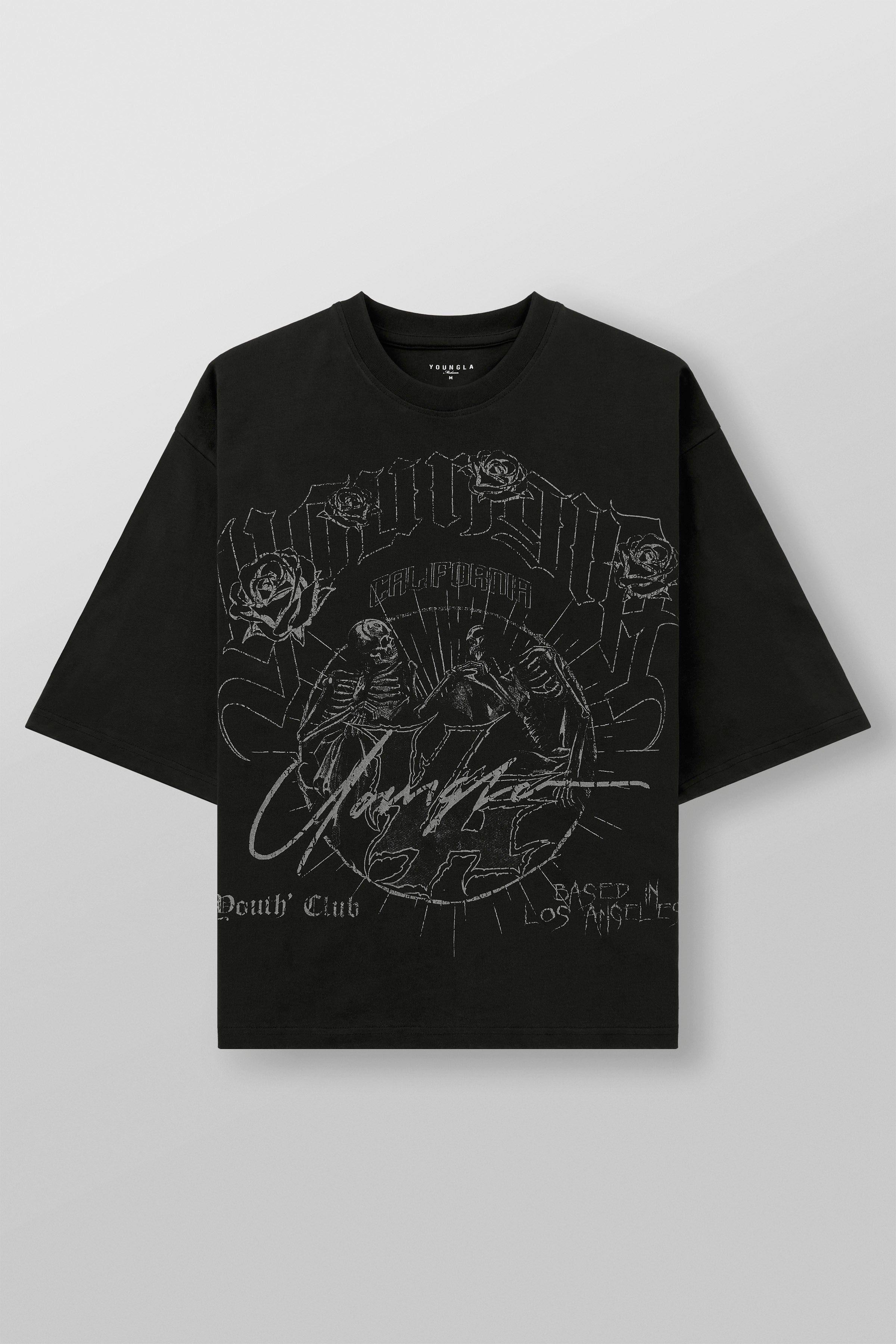 Front view of acid wash tee showing boxy fit and graphic design