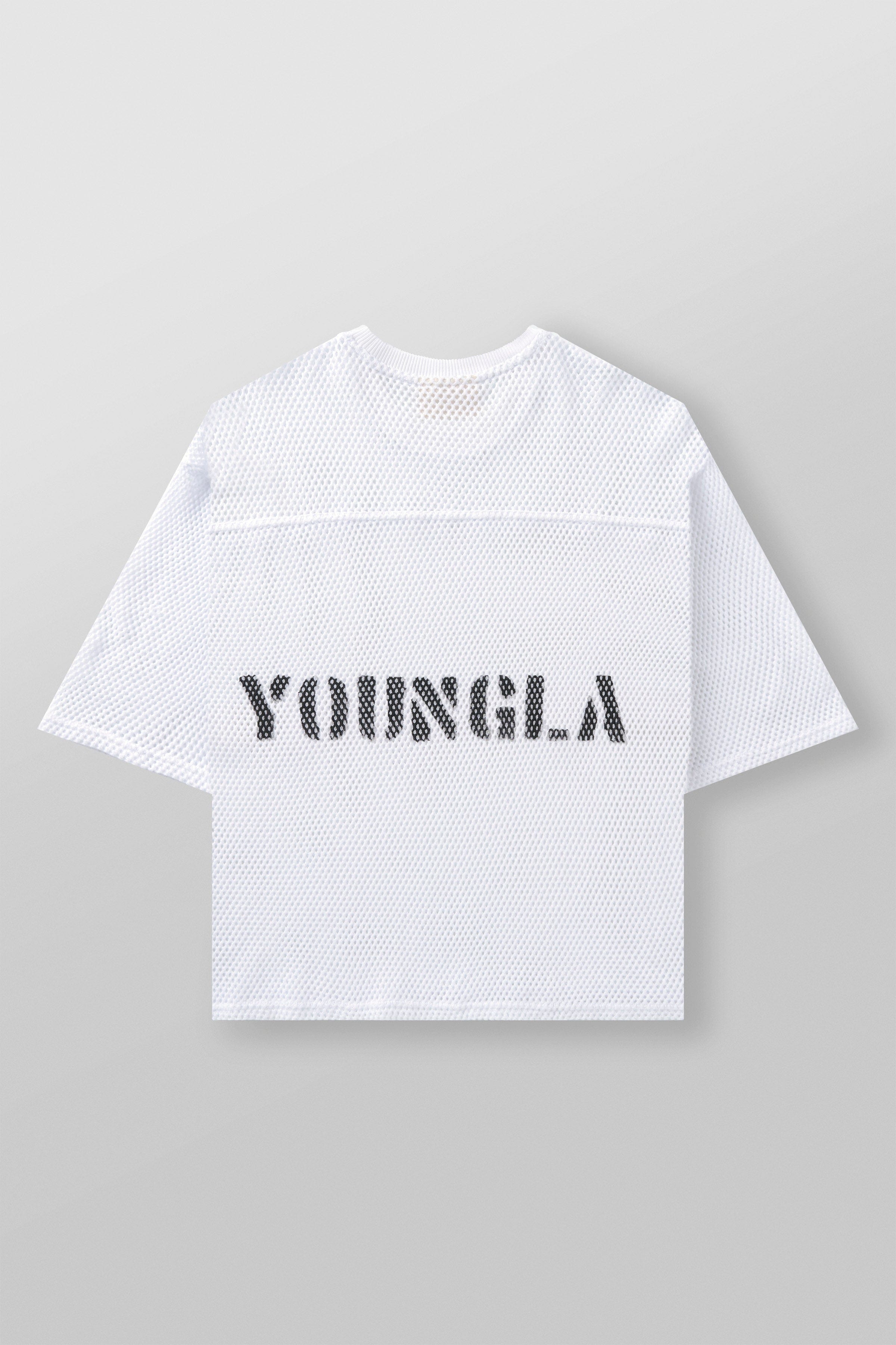 Close-up of the breathable knit fabric texture on a white cotton tee
