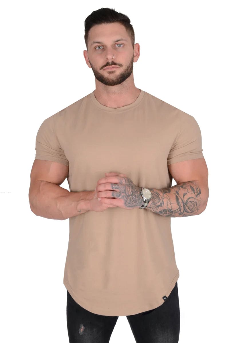 Back view of bodybuilder tight shirt, emphasizing the comfortable fit.