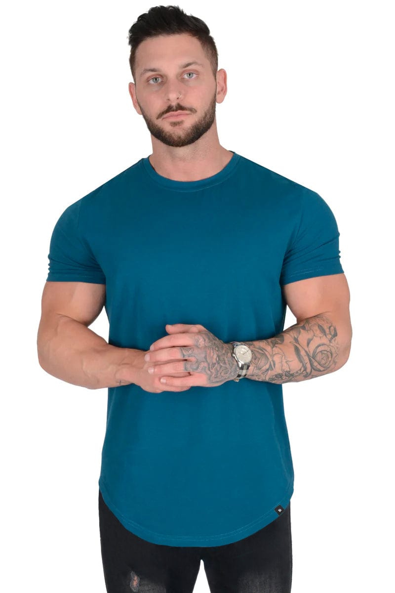 Close-up of muscle fit scallop tee showcasing fabric texture and fit.
