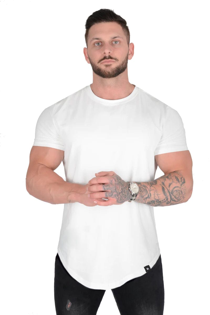 Back view of bodybuilder tight shirt, emphasizing the comfortable fit.