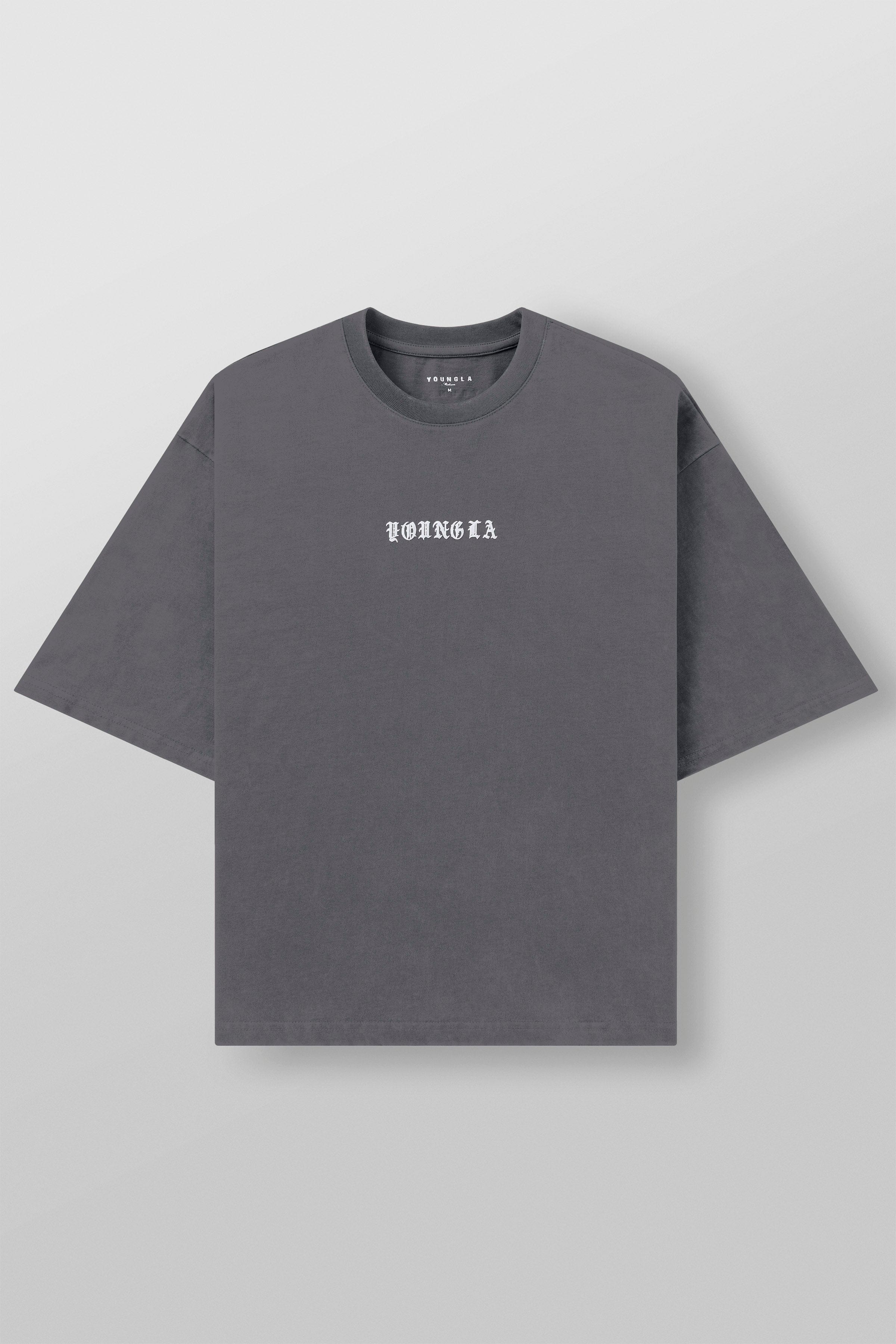 Close-up of heavy cotton t-shirt texture and chest logo detail