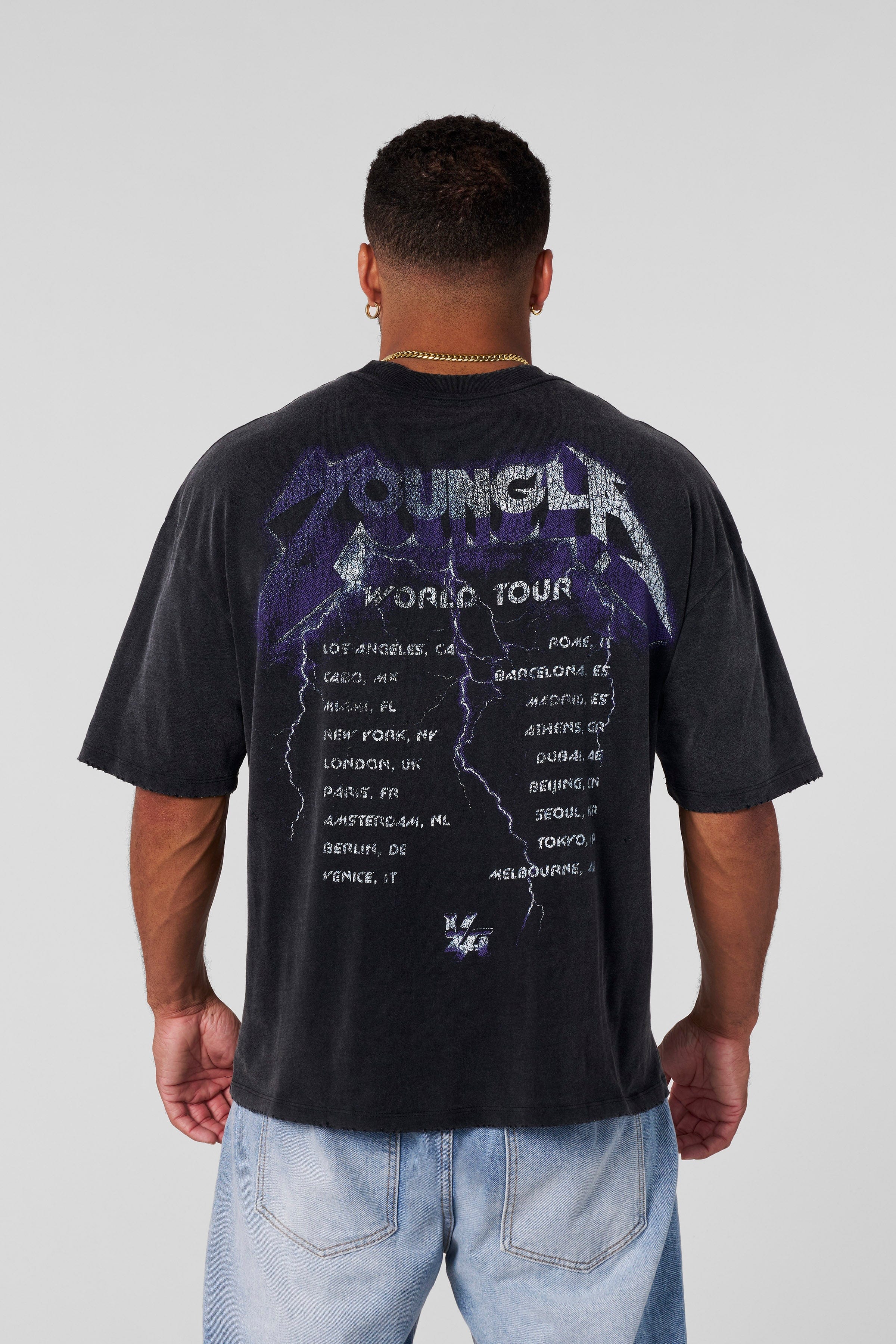 Close-up of t-shirt rock band vintage graphic detail