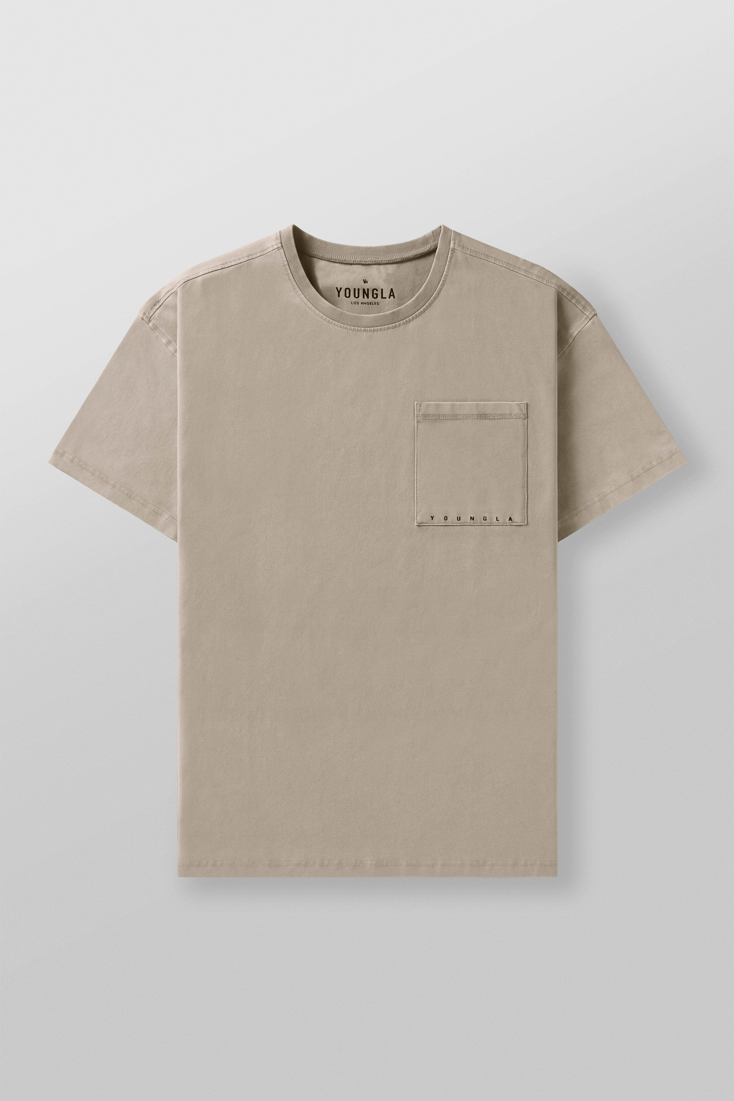 Front view of a fitted t-shirt with pocket, styled for city wear