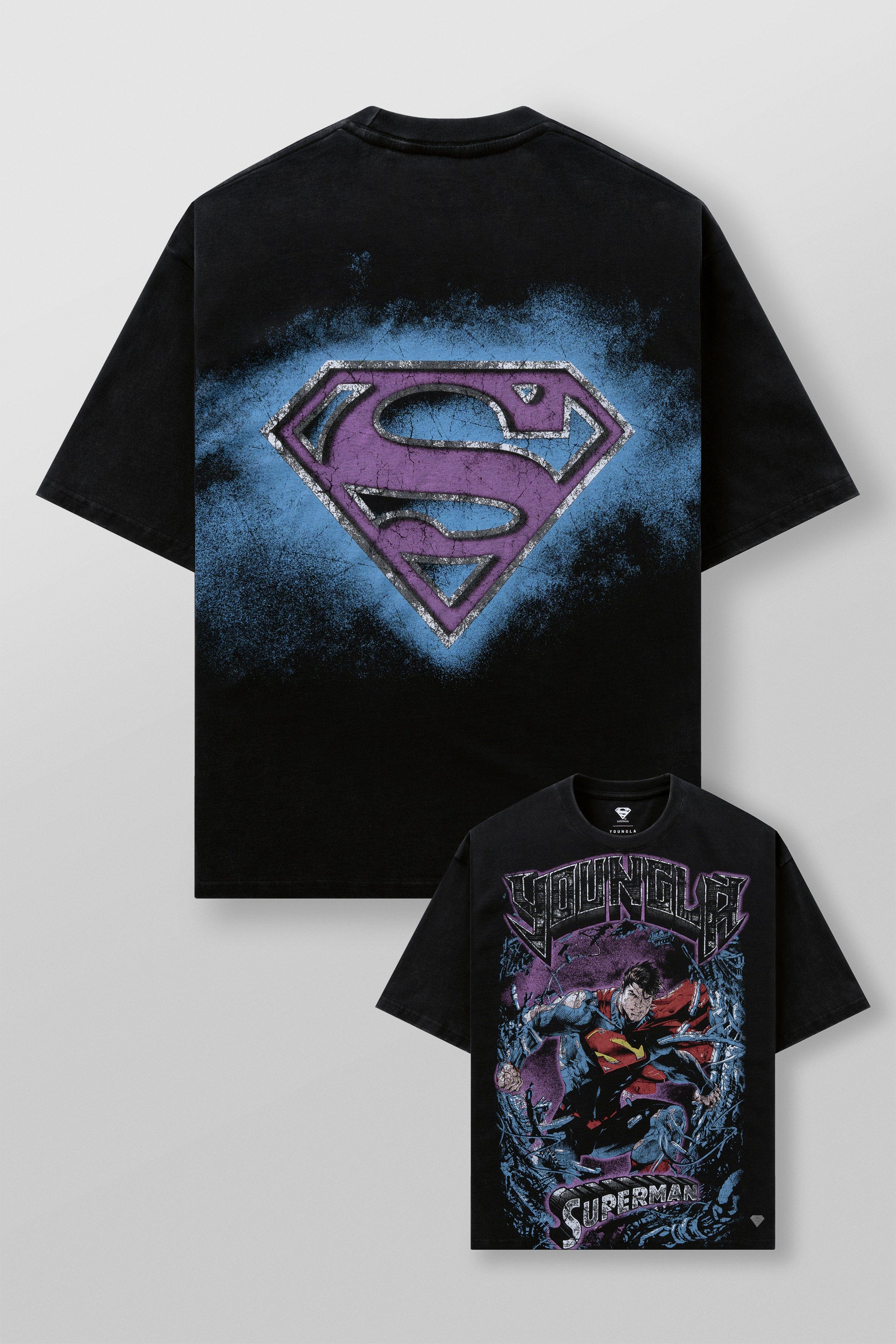 Front view of the black Superman graphic tee on a model.